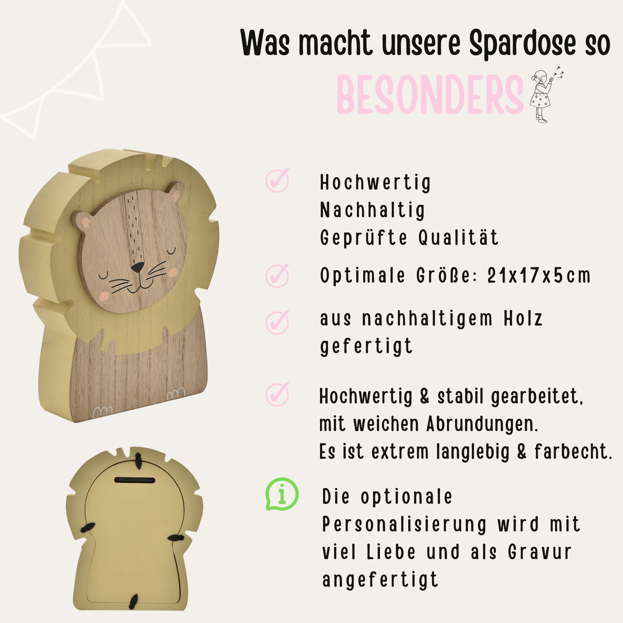 BAMBINO Spardose Holz mit Wunschnamen - Löwe - wunderwunsch