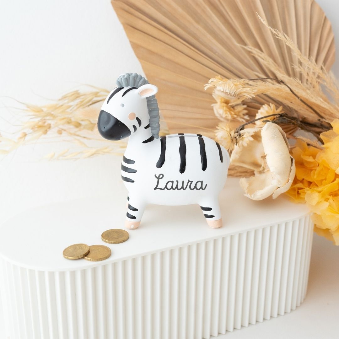 BAMBINO Spardose Resin Löwe, Elefant, Zebra - personalisierbar - wunderwunsch