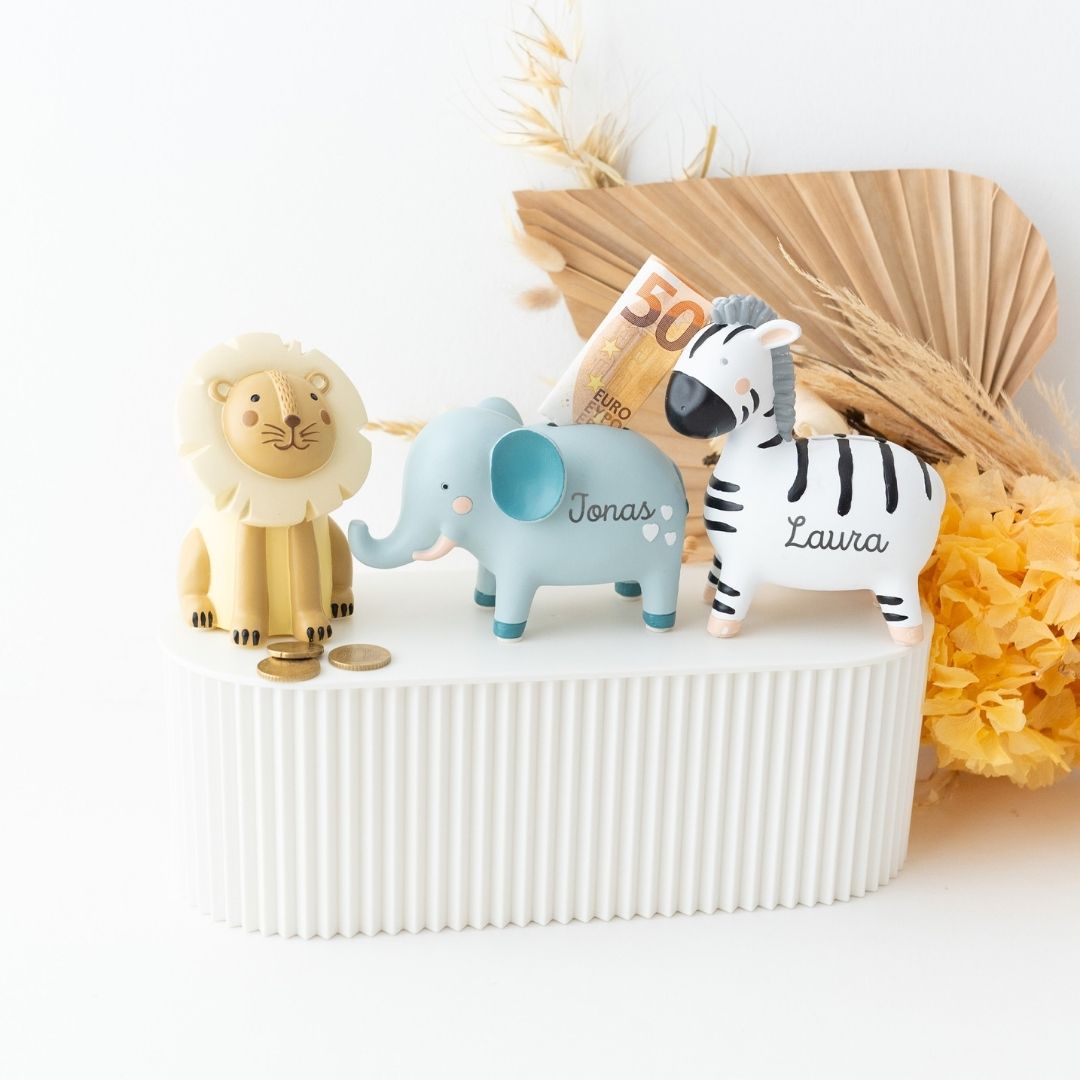 BAMBINO Spardose Resin Löwe, Elefant, Zebra - personalisierbar - wunderwunsch