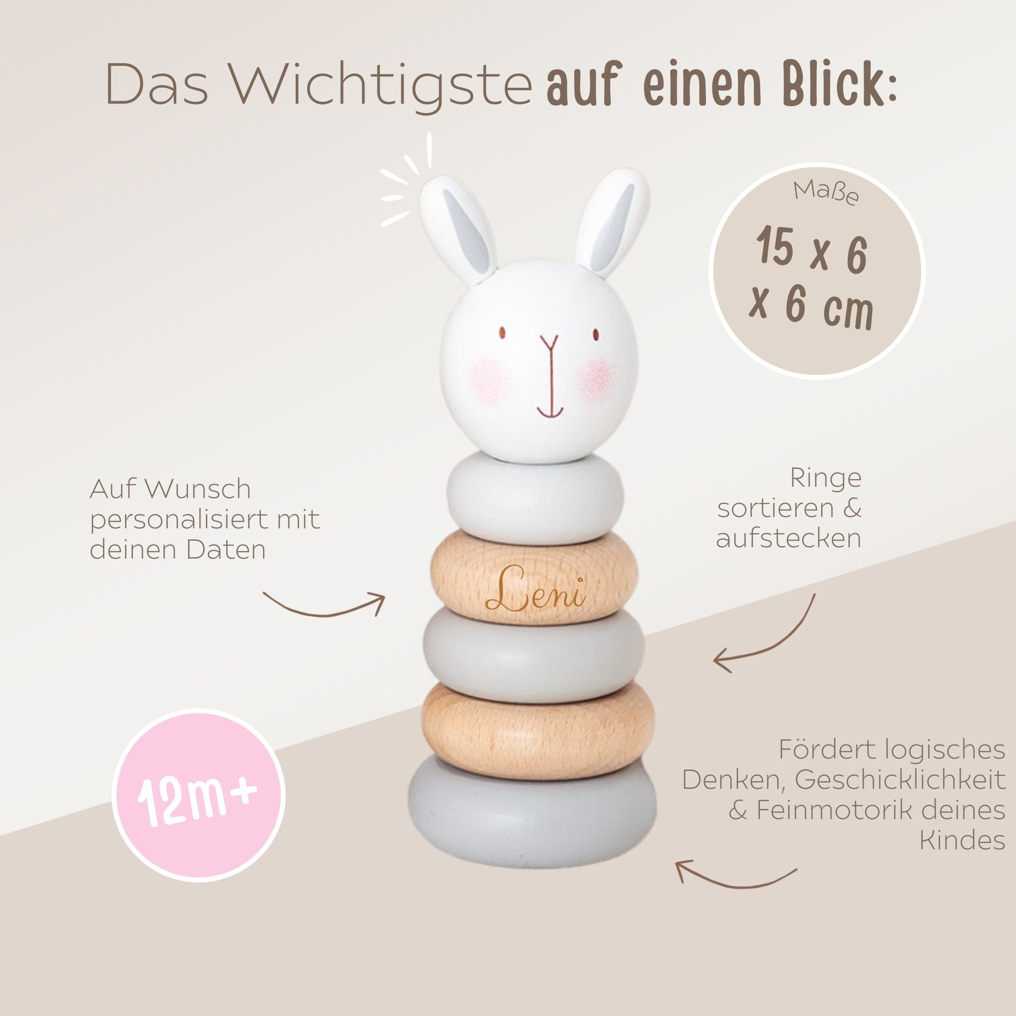 BAMBINO Stapelturm Holz Pastellblau Tier personalisiert - wunderwunsch