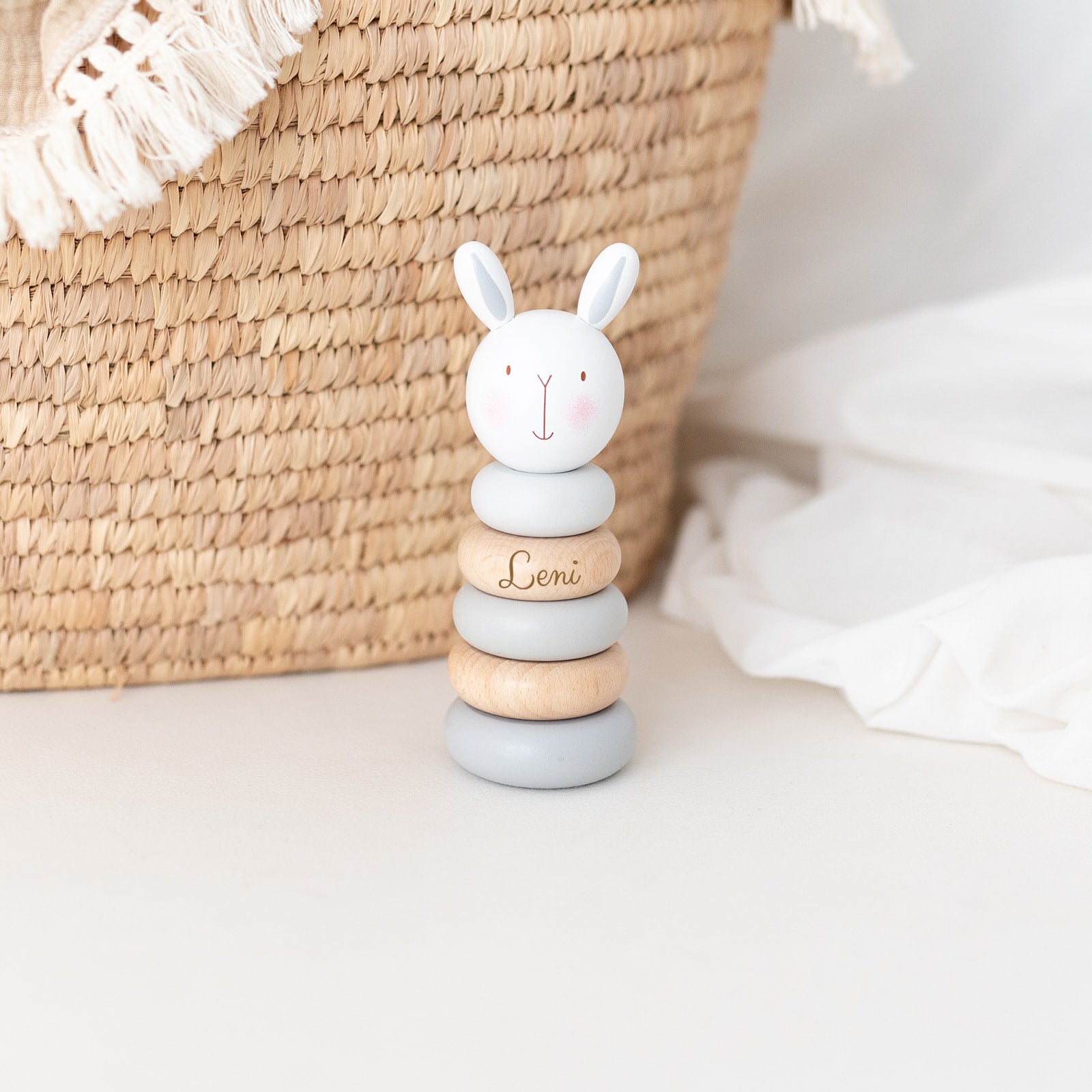 BAMBINO Stapelturm Holz Pastellblau Tier personalisiert - wunderwunsch