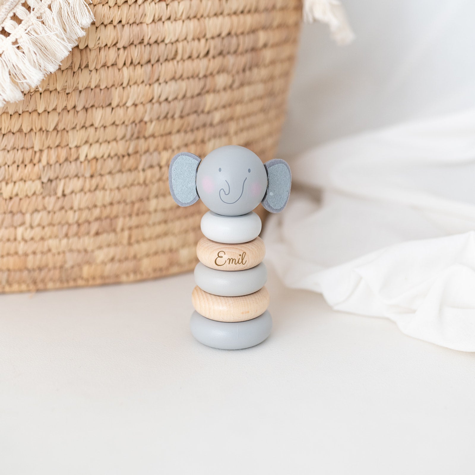 BAMBINO Stapelturm Holz Pastellblau Tier personalisiert - wunderwunsch