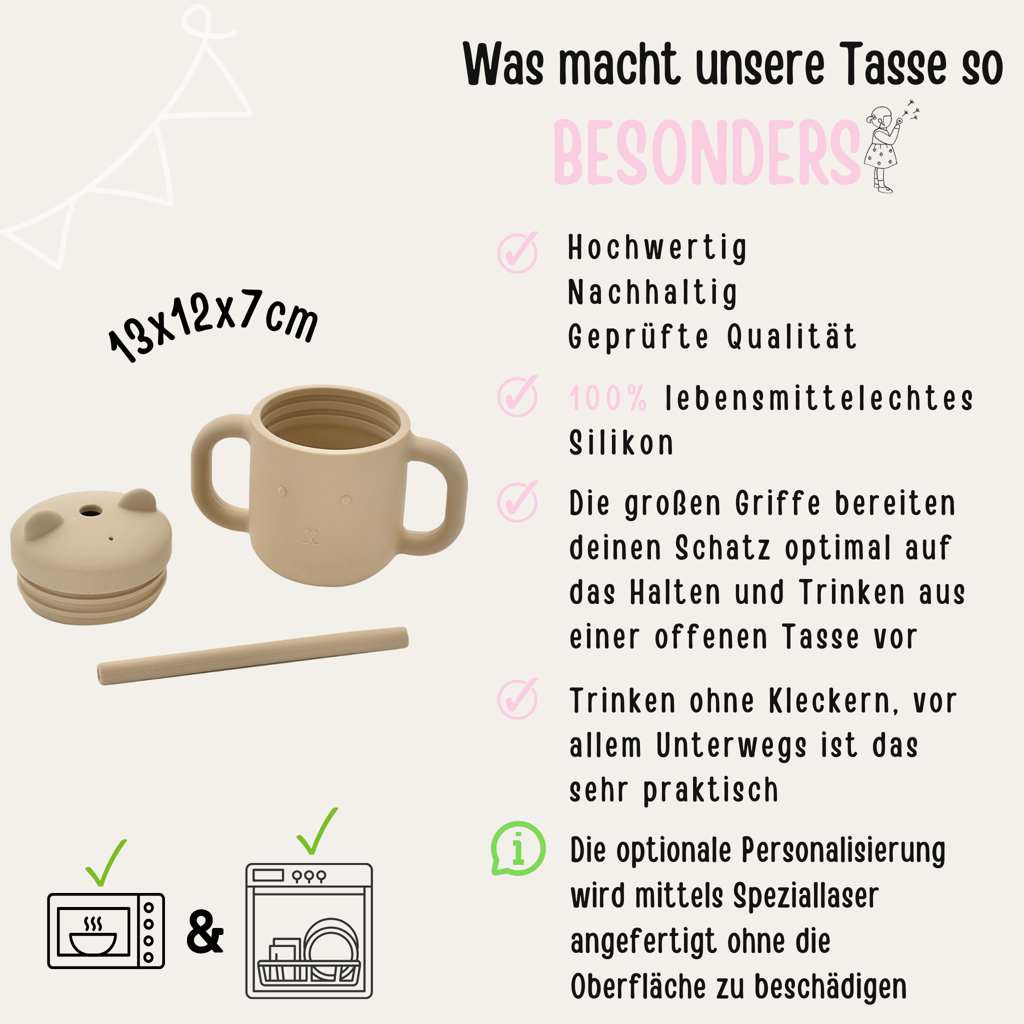 BAMBINO Trinklernbecher aus Silikon personalisiert - Rosa, Blau, Beige - wunderwunsch