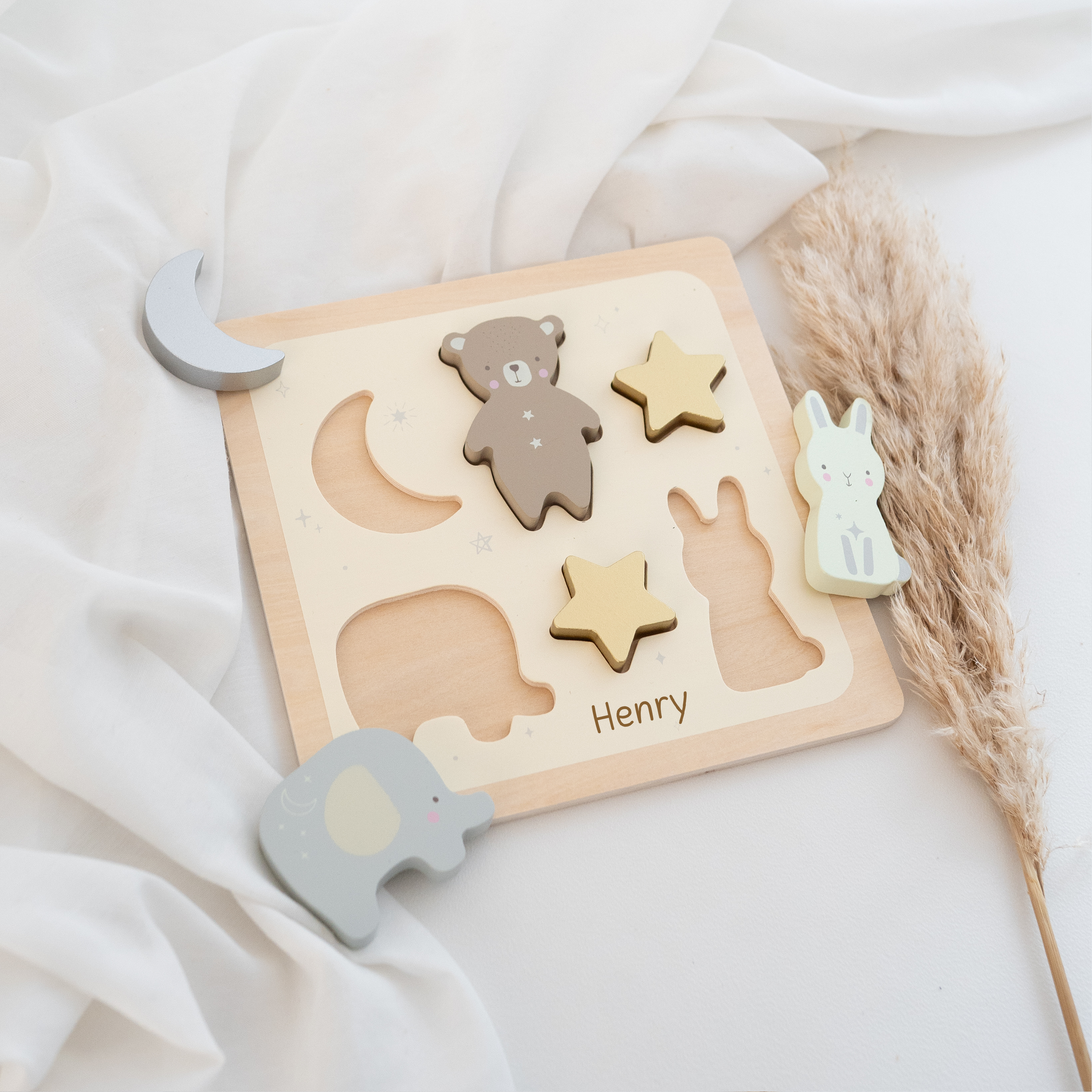 Pädagogisches Holzpuzzle - Bär, Hase und Elefant personalisiert