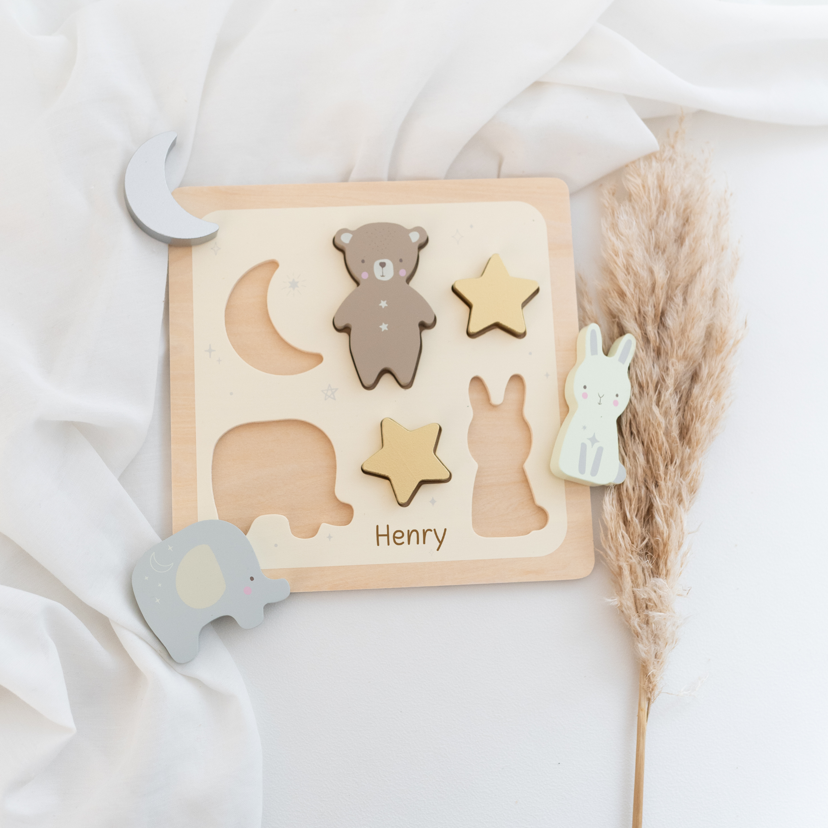 Pädagogisches Holzpuzzle - Bär, Hase und Elefant personalisiert