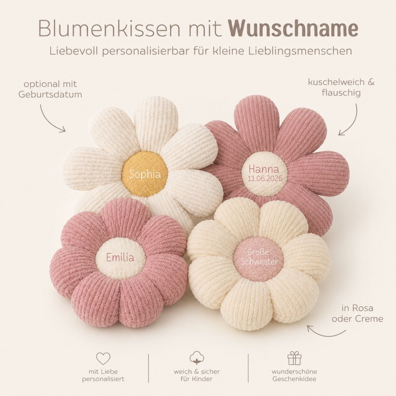 Blumen Kissen aus Plüsch personalisiert - wunderwunsch