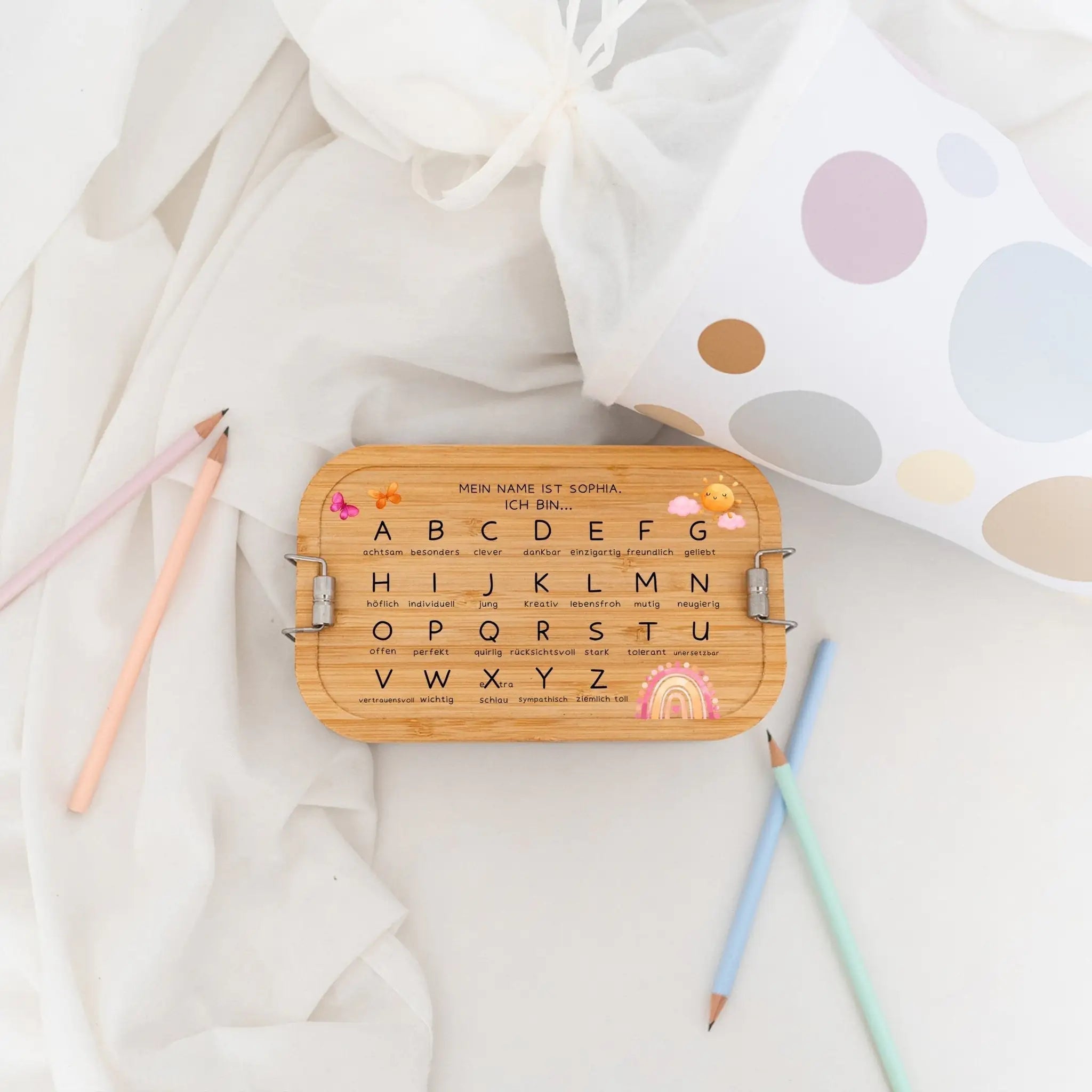 Brotdose Edelstahl personalisiert - ABC Affirmationen Aquarell - wunderwunsch