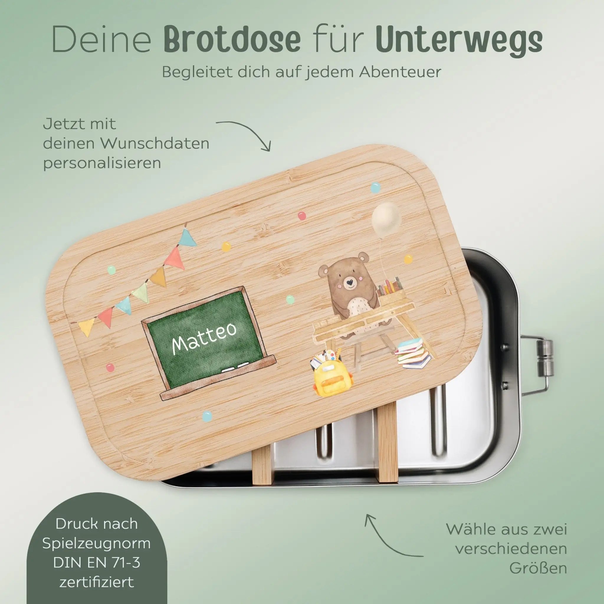 Brotdose Edelstahl personalisiert - Bär Schultisch Aquarell - wunderwunsch