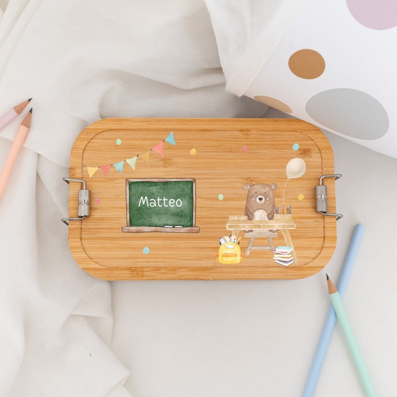 Brotdose Edelstahl personalisiert - Bär Schultisch Aquarell - wunderwunsch