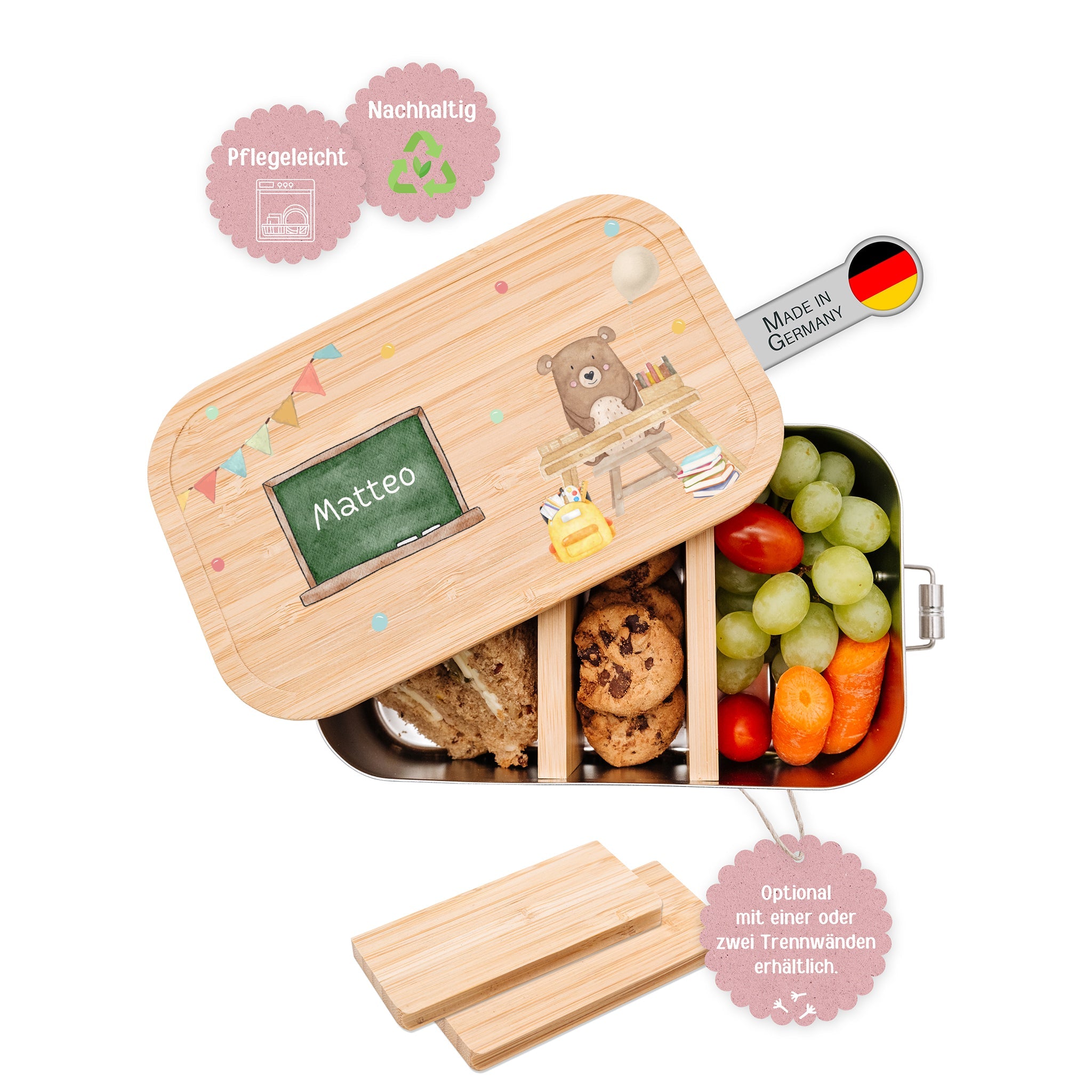 Brotdose Edelstahl personalisiert - Bär Schultisch Aquarell - wunderwunsch