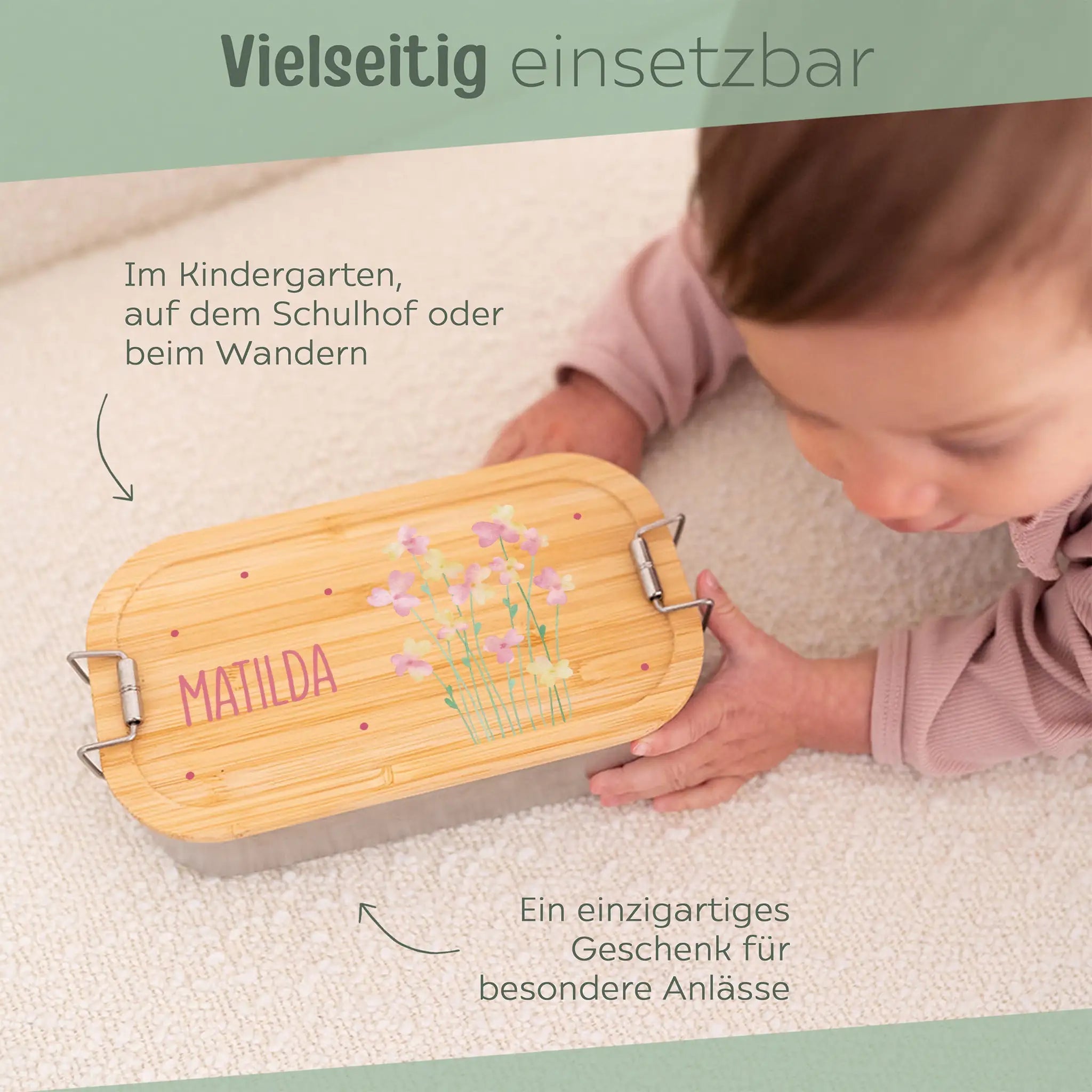 Brotdose Edelstahl personalisiert - Blumen Punkte Aquarell - wunderwunsch