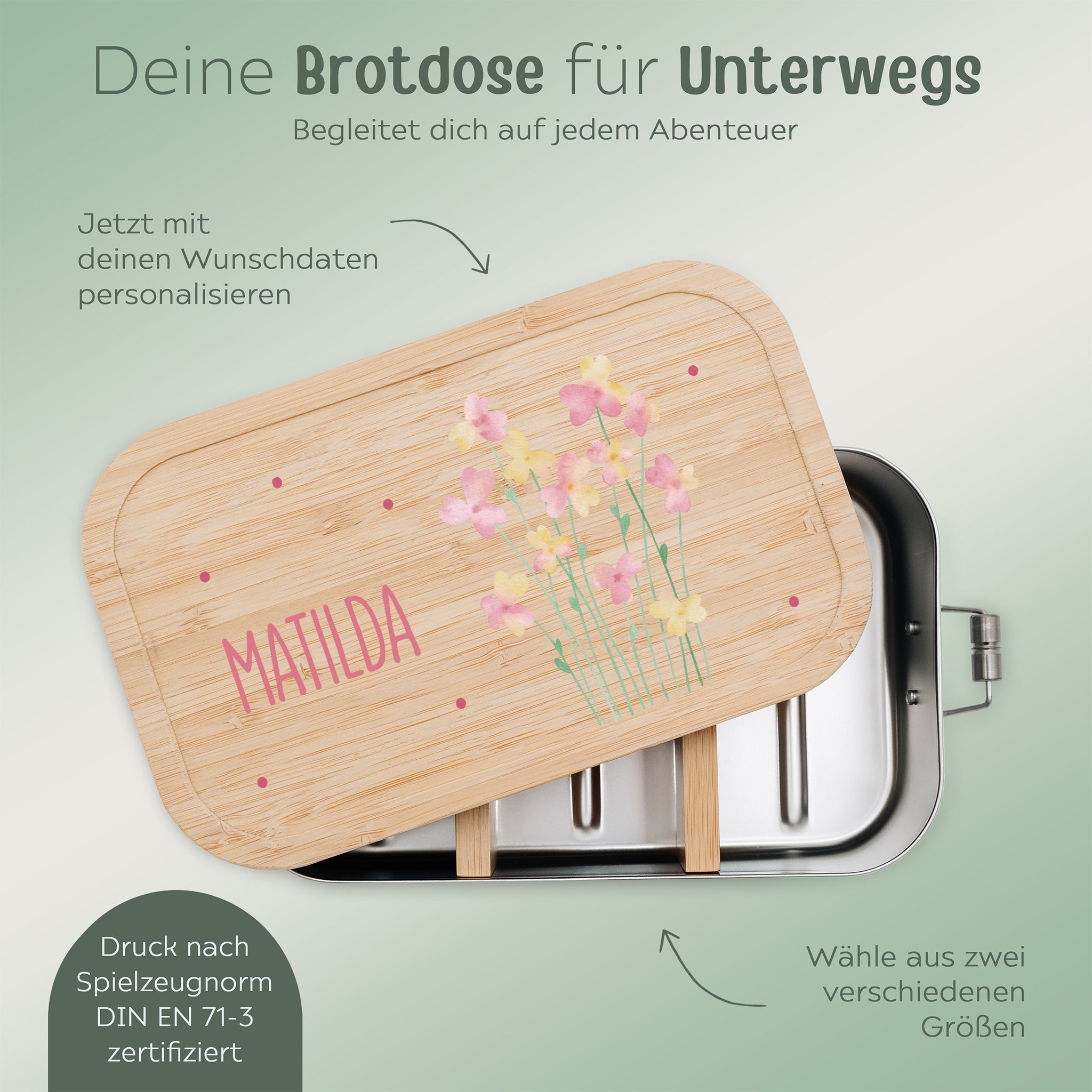 Brotdose Edelstahl personalisiert - Blumen Punkte Aquarell - wunderwunsch