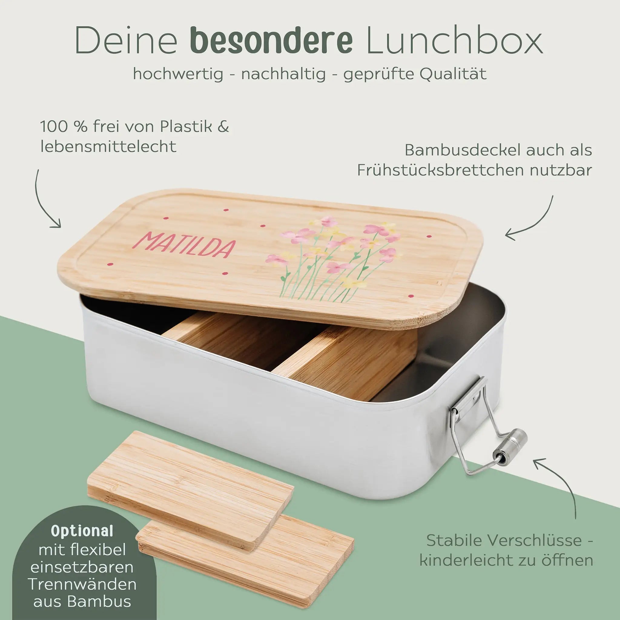 Brotdose Edelstahl personalisiert - Blumen Punkte Aquarell - wunderwunsch