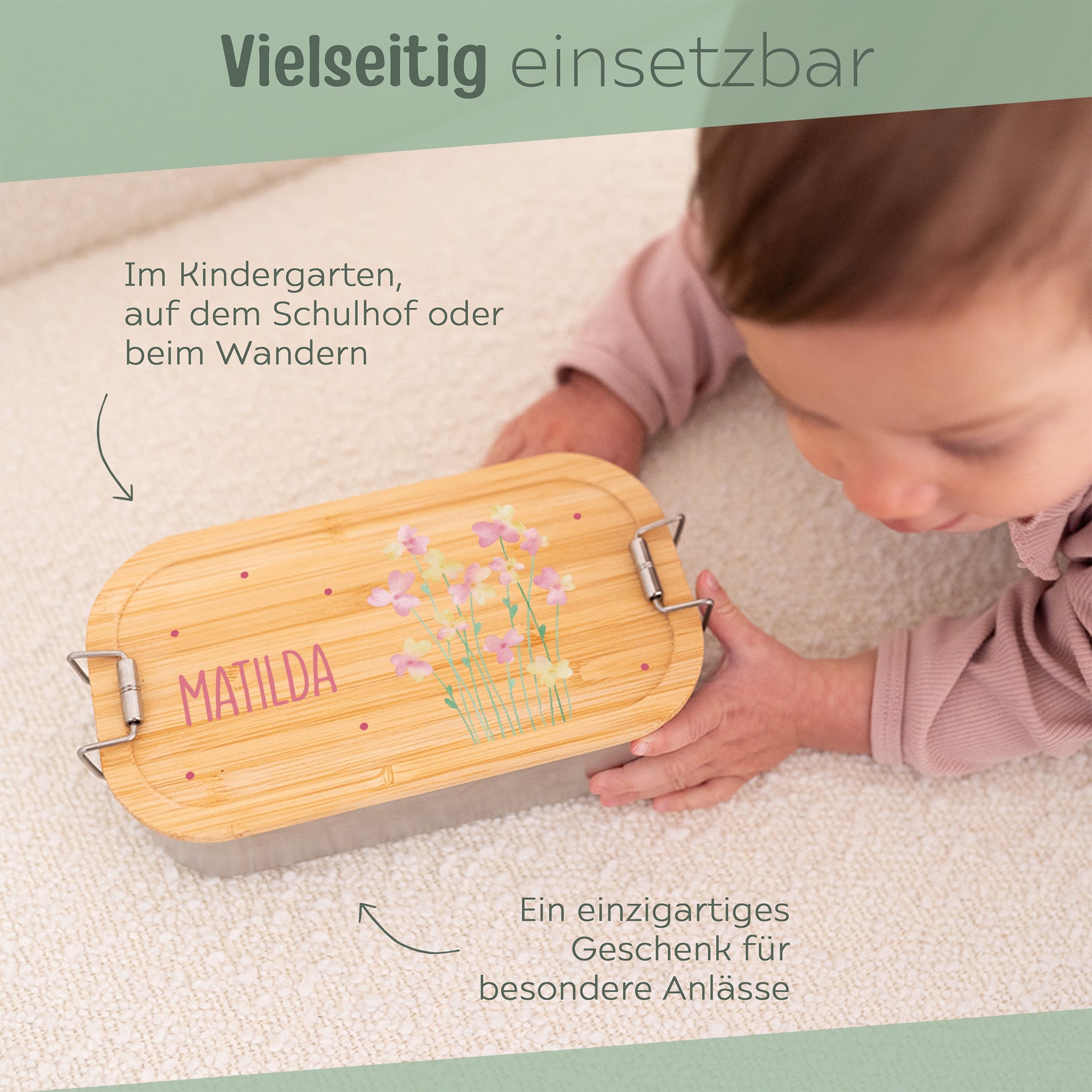Brotdose Edelstahl personalisiert - Blumen Punkte Aquarell - wunderwunsch