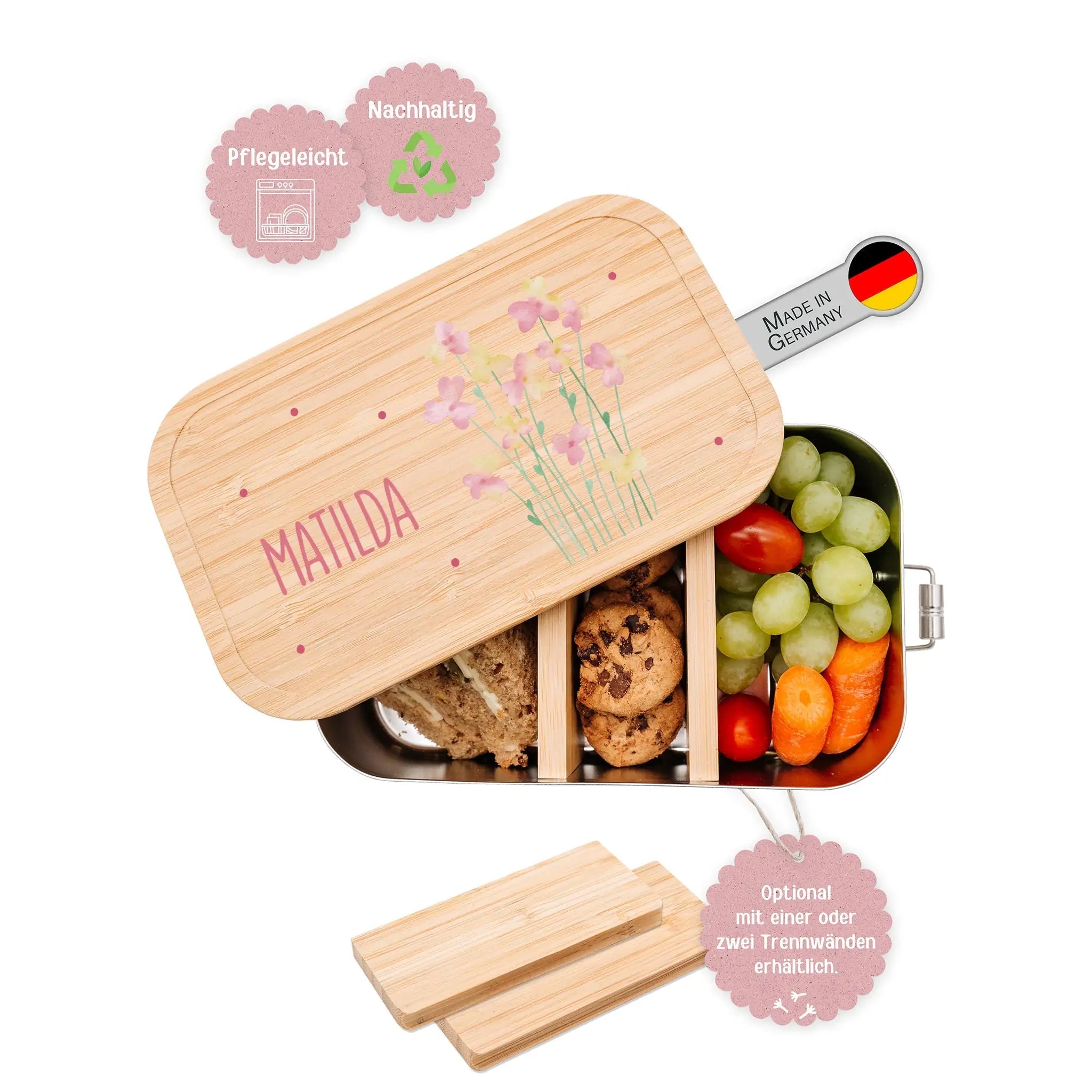 Brotdose Edelstahl personalisiert - Blumen Punkte Aquarell - wunderwunsch