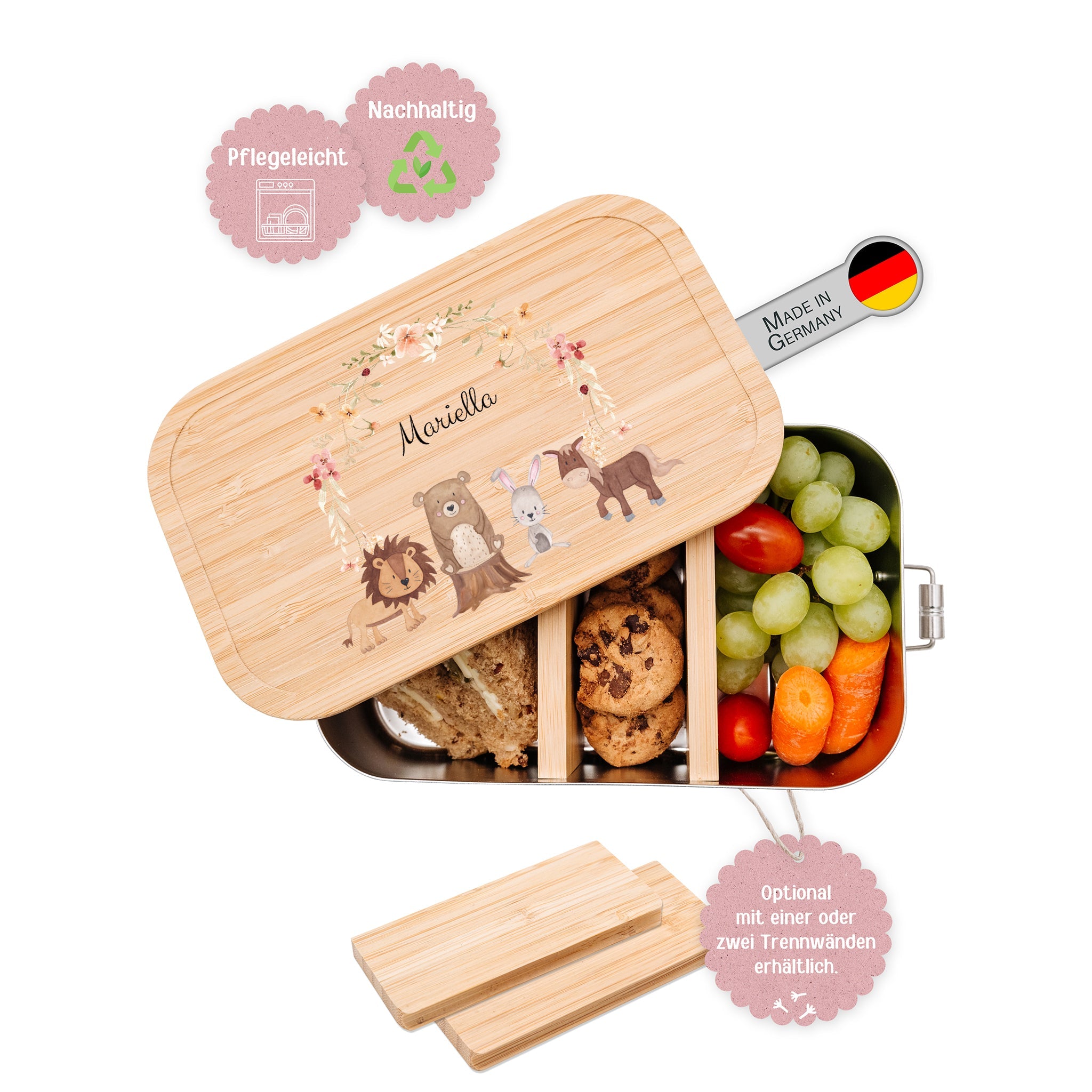 Brotdose Edelstahl personalisiert - Blumenkranz Tiere Aquarell - wunderwunsch