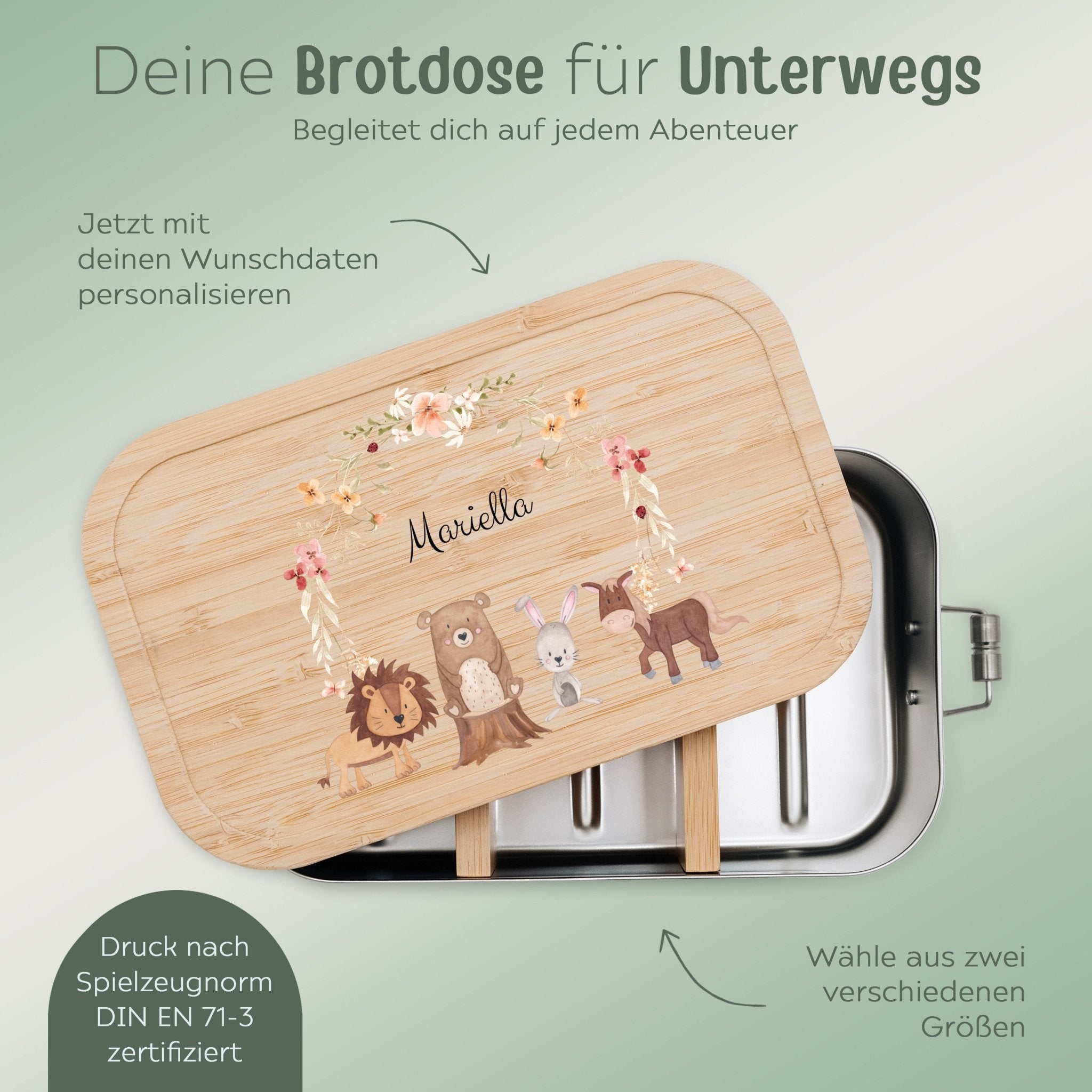 Brotdose Edelstahl personalisiert - Blumenkranz Tiere Aquarell - wunderwunsch