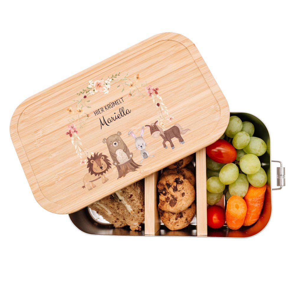Brotdose Edelstahl personalisiert - Blumenkranz Tiere Aquarell - wunderwunsch