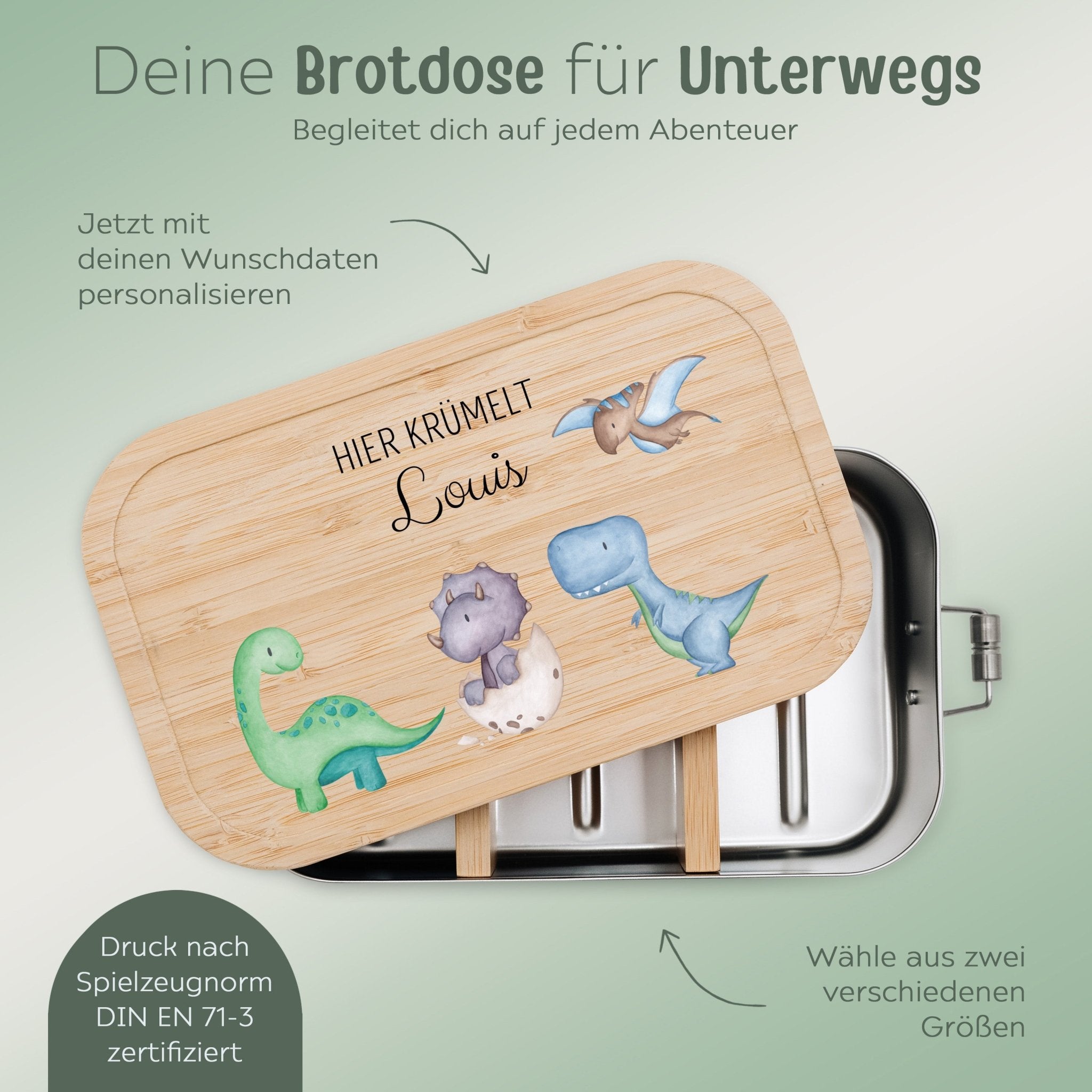 Brotdose Edelstahl personalisiert - Dinosaurier Aquarell - wunderwunsch