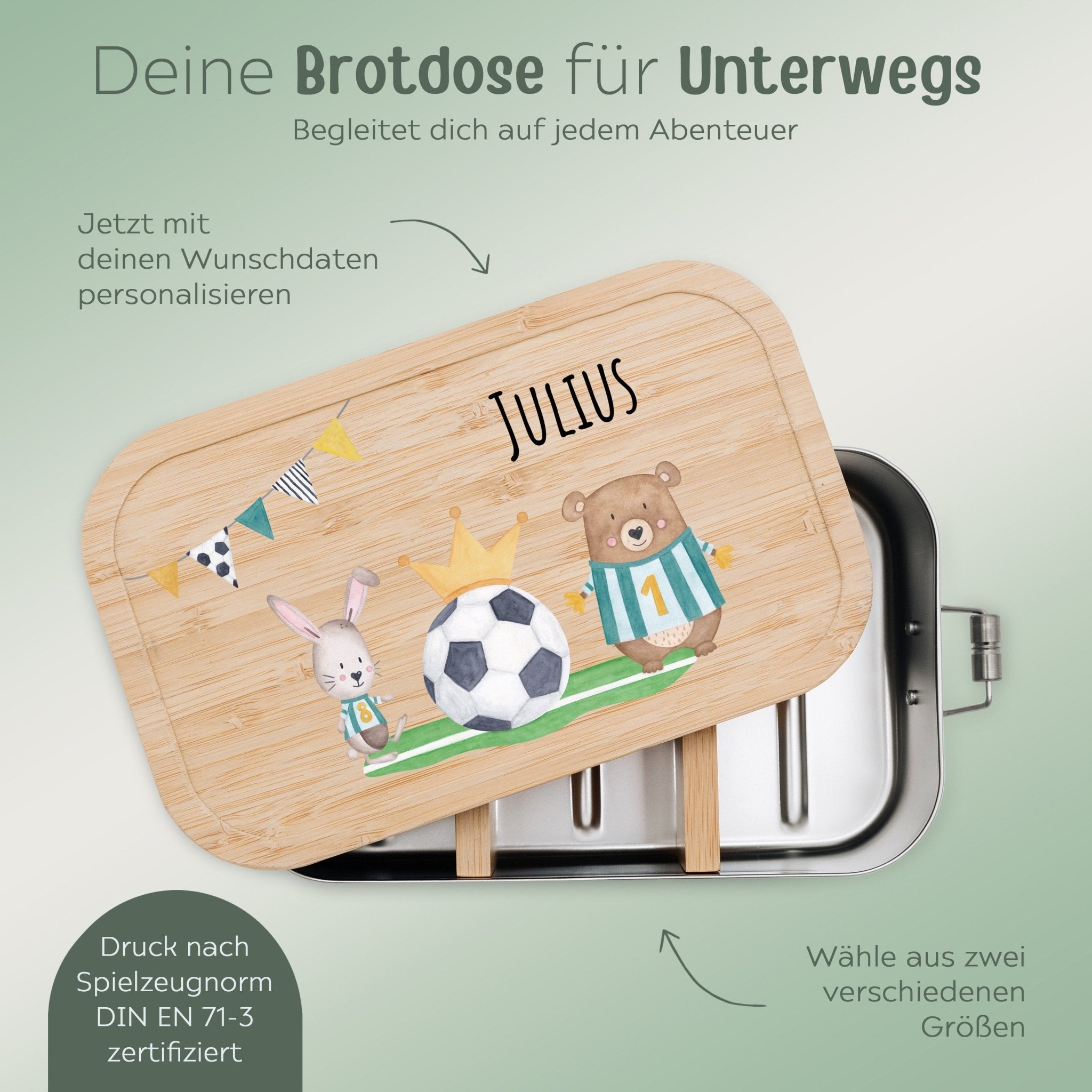 Brotdose Edelstahl personalisiert - Fußball Tiere Aquarell - wunderwunsch