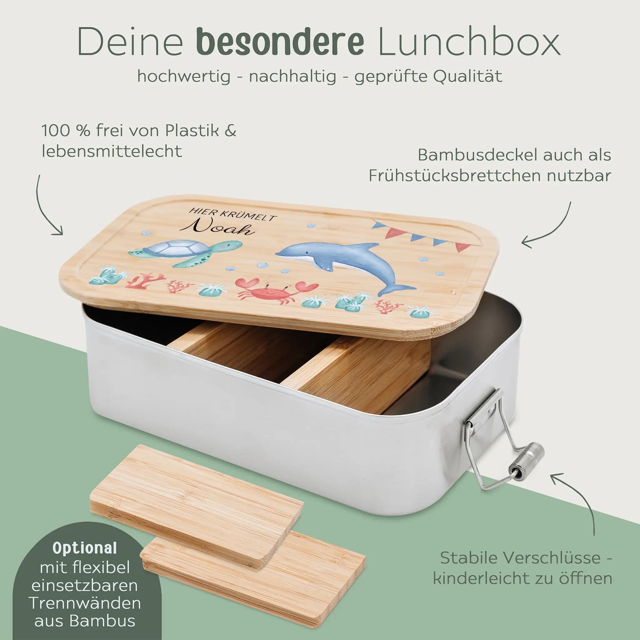 Brotdose Edelstahl personalisiert - Meerestiere Girlande Aquarell - wunderwunsch
