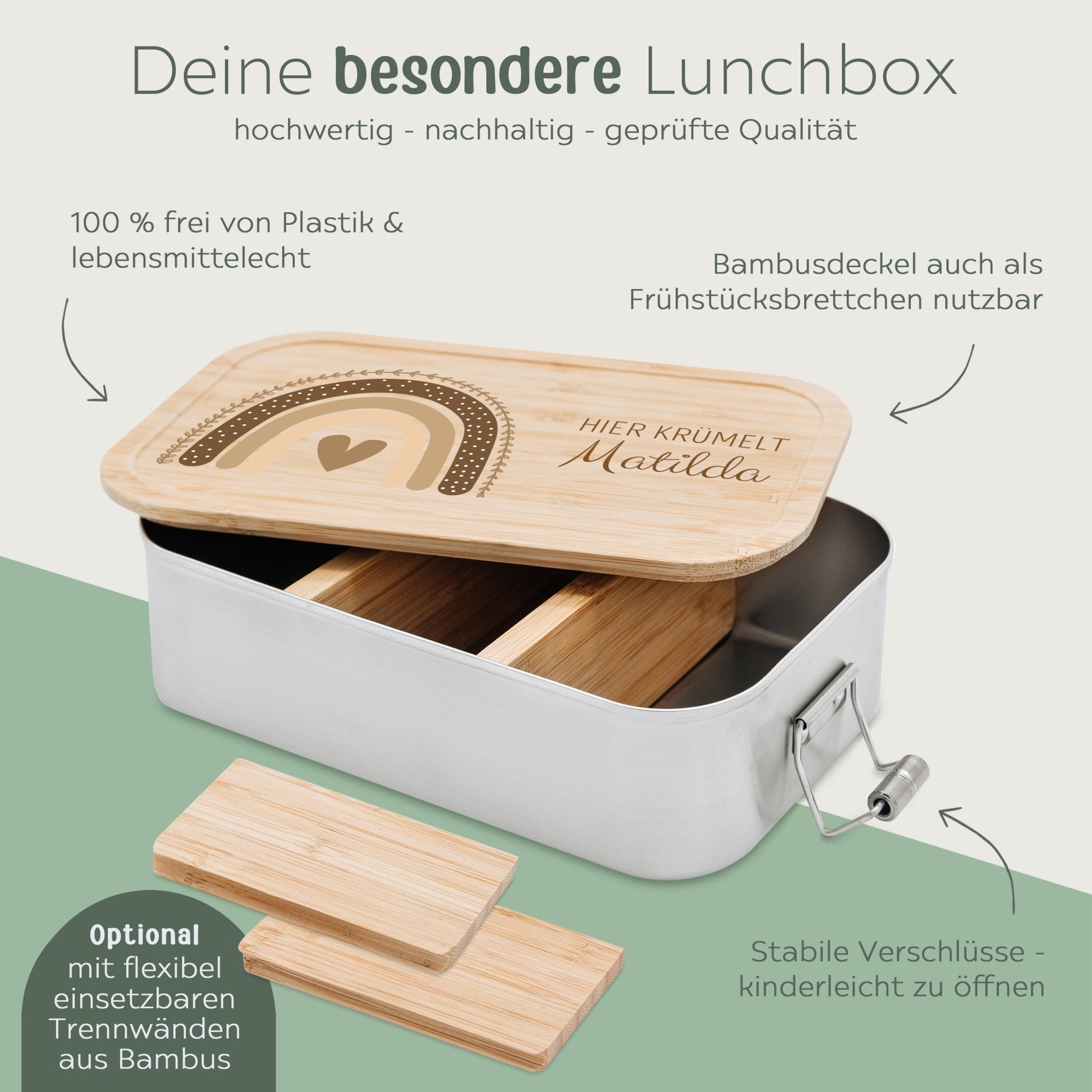 Brotdose Edelstahl personalisiert - Regenbogen beige Aquarell - wunderwunsch
