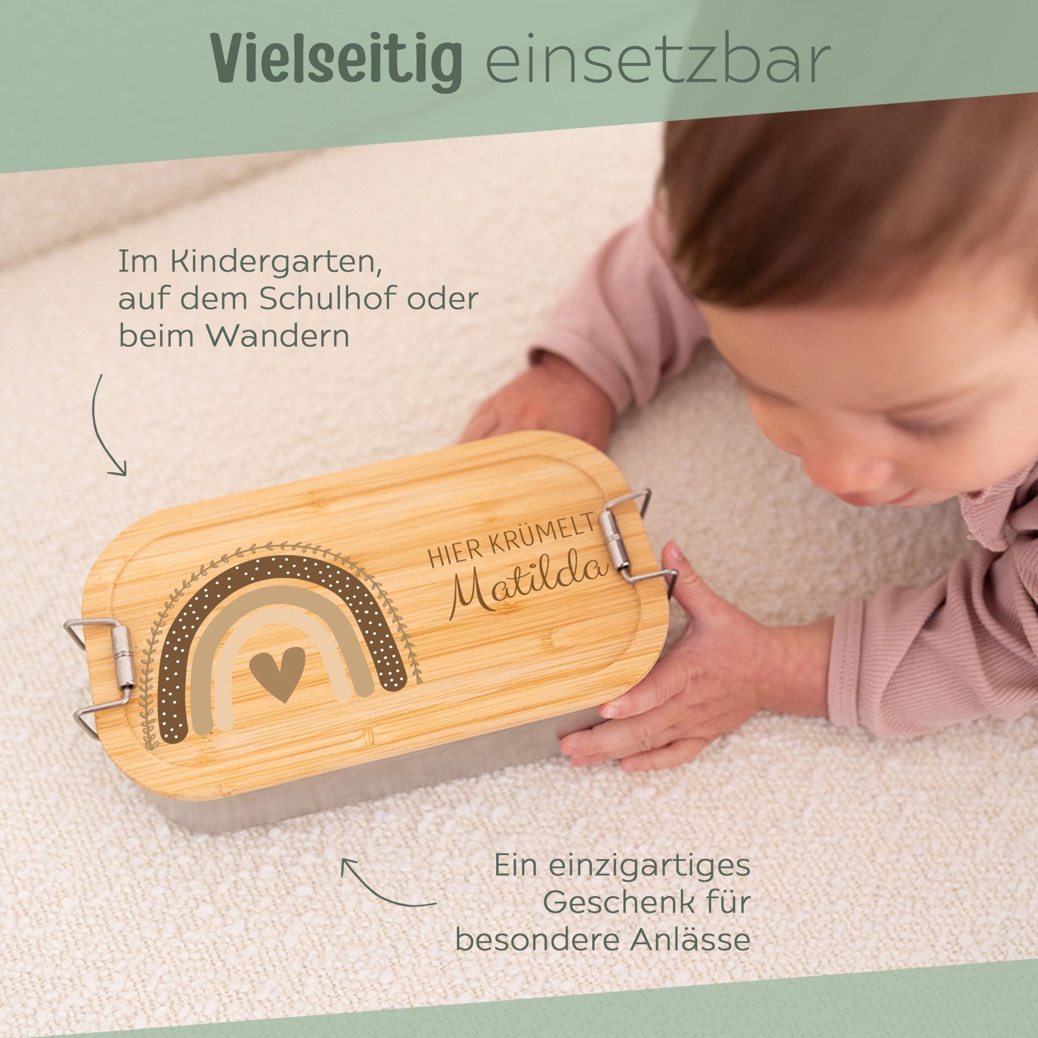 Brotdose Edelstahl personalisiert - Regenbogen beige Aquarell - wunderwunsch