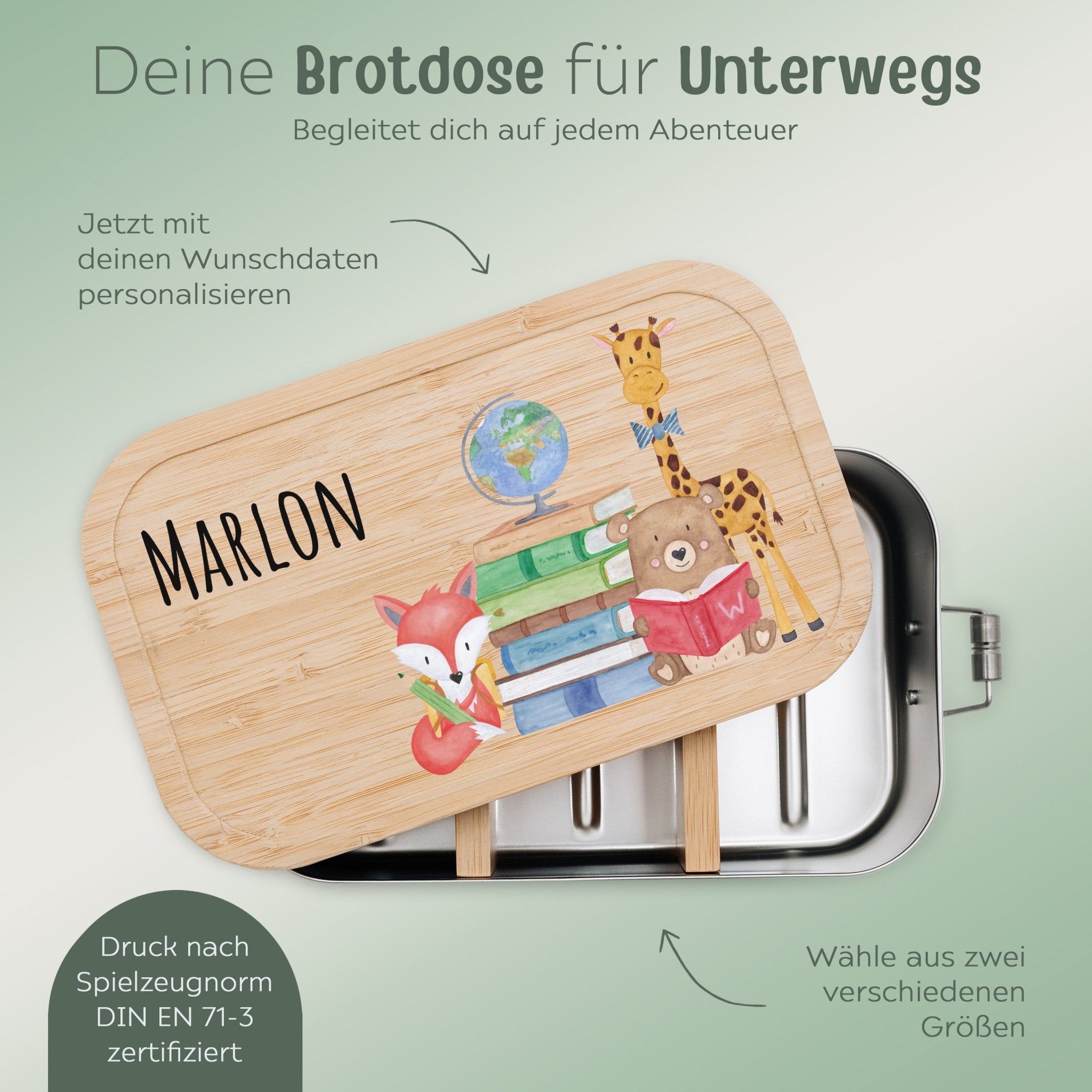 Brotdose Edelstahl personalisiert - Schulanfang Tiere Aquarell - wunderwunsch