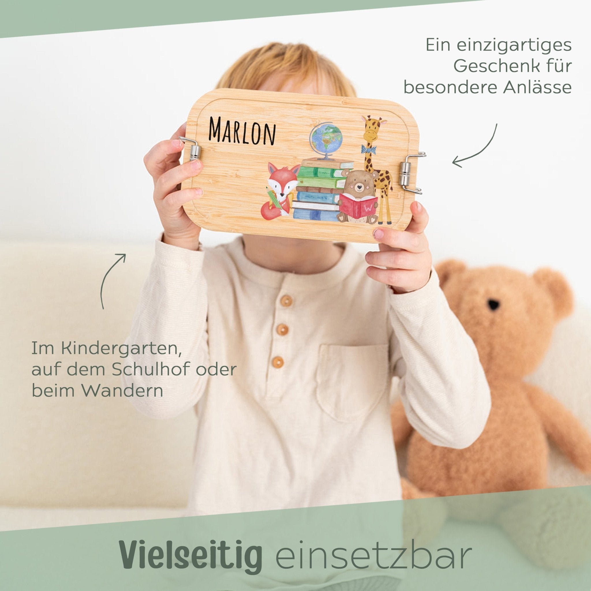 Brotdose Edelstahl personalisiert - Schulanfang Tiere Aquarell - wunderwunsch