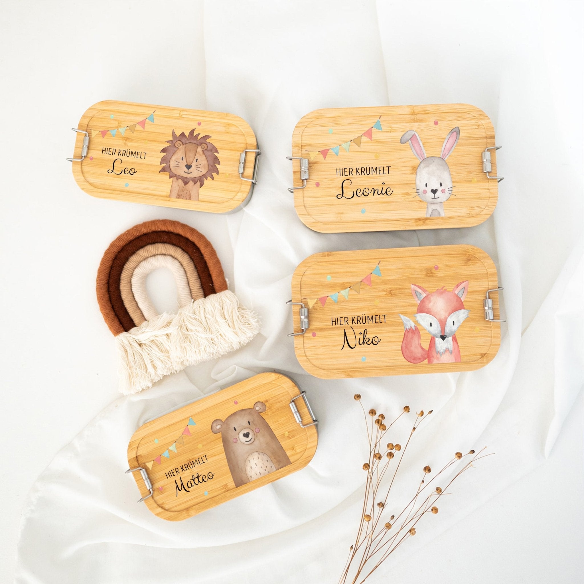 Brotdose Edelstahl personalisiert - Tier links Girlande Aquarell - wunderwunsch