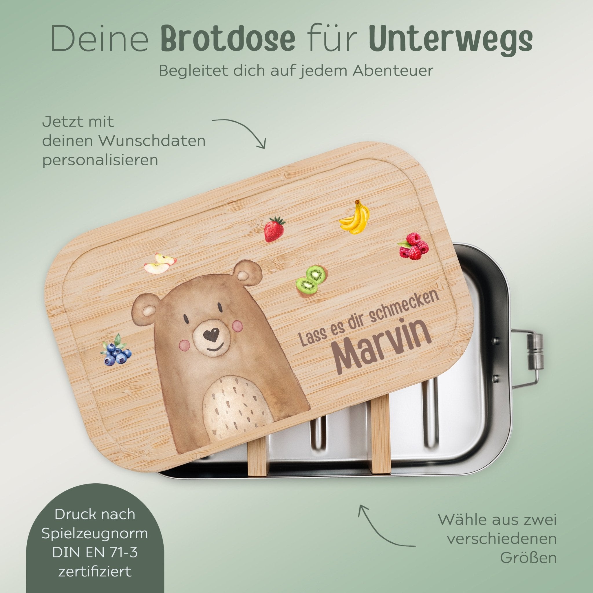Brotdose Edelstahl personalisiert - Tiere mit Obst Aquarell - wunderwunsch