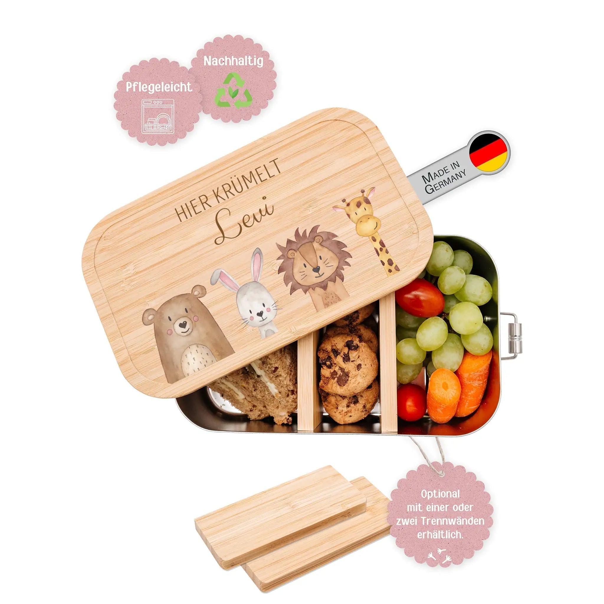Brotdose Edelstahl personalisiert - Tiere unten Aquarell - wunderwunsch