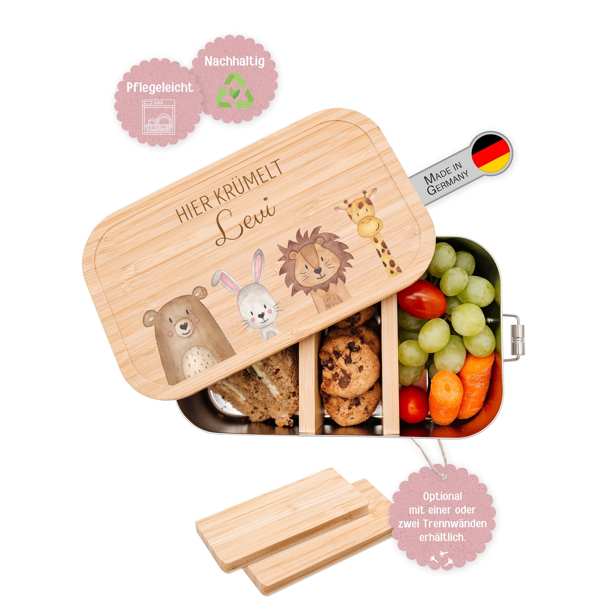 Brotdose Edelstahl personalisiert - Tiere unten Aquarell - wunderwunsch