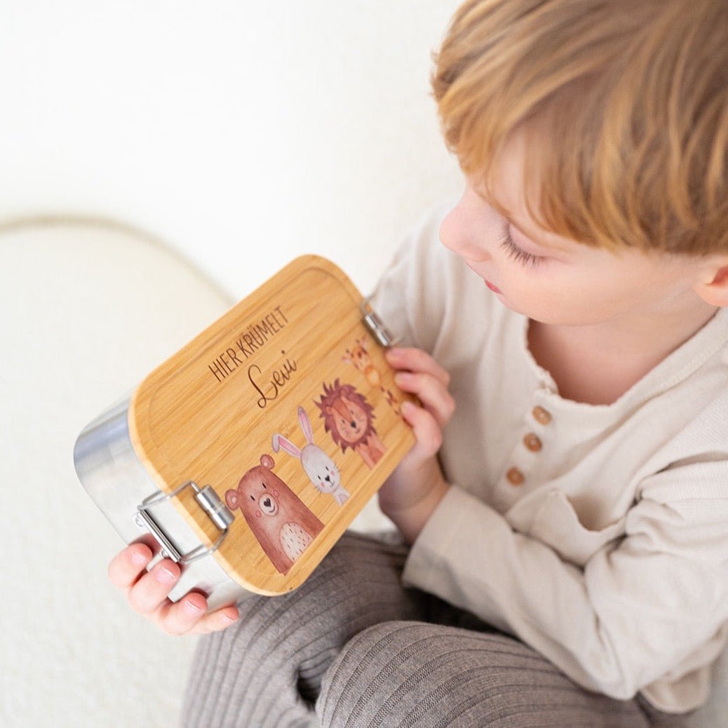 Brotdose Edelstahl personalisiert - Tiere unten Aquarell - wunderwunsch