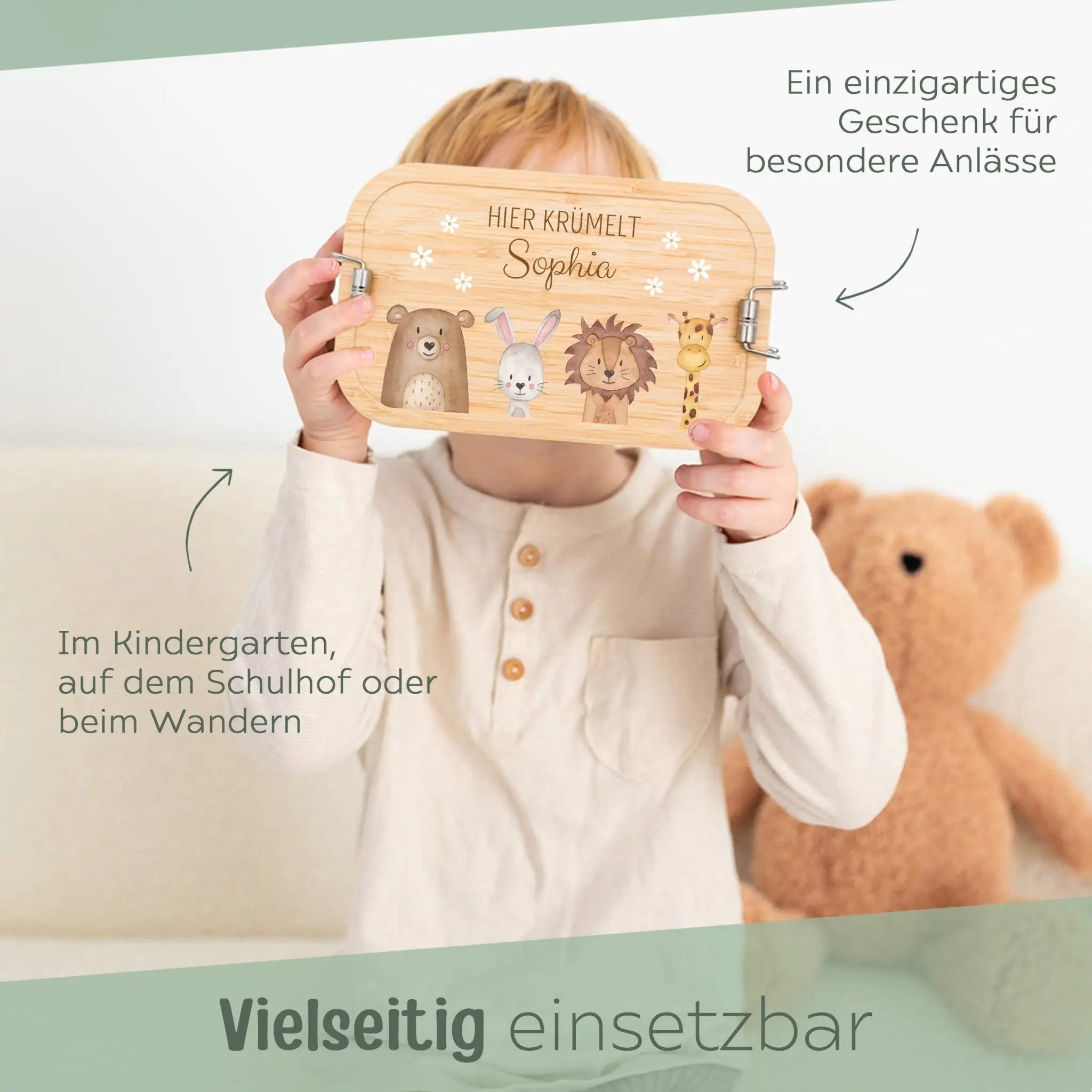 Brotdose Edelstahl personalisiert - Tiere unten Blümchen Aquarell - wunderwunsch