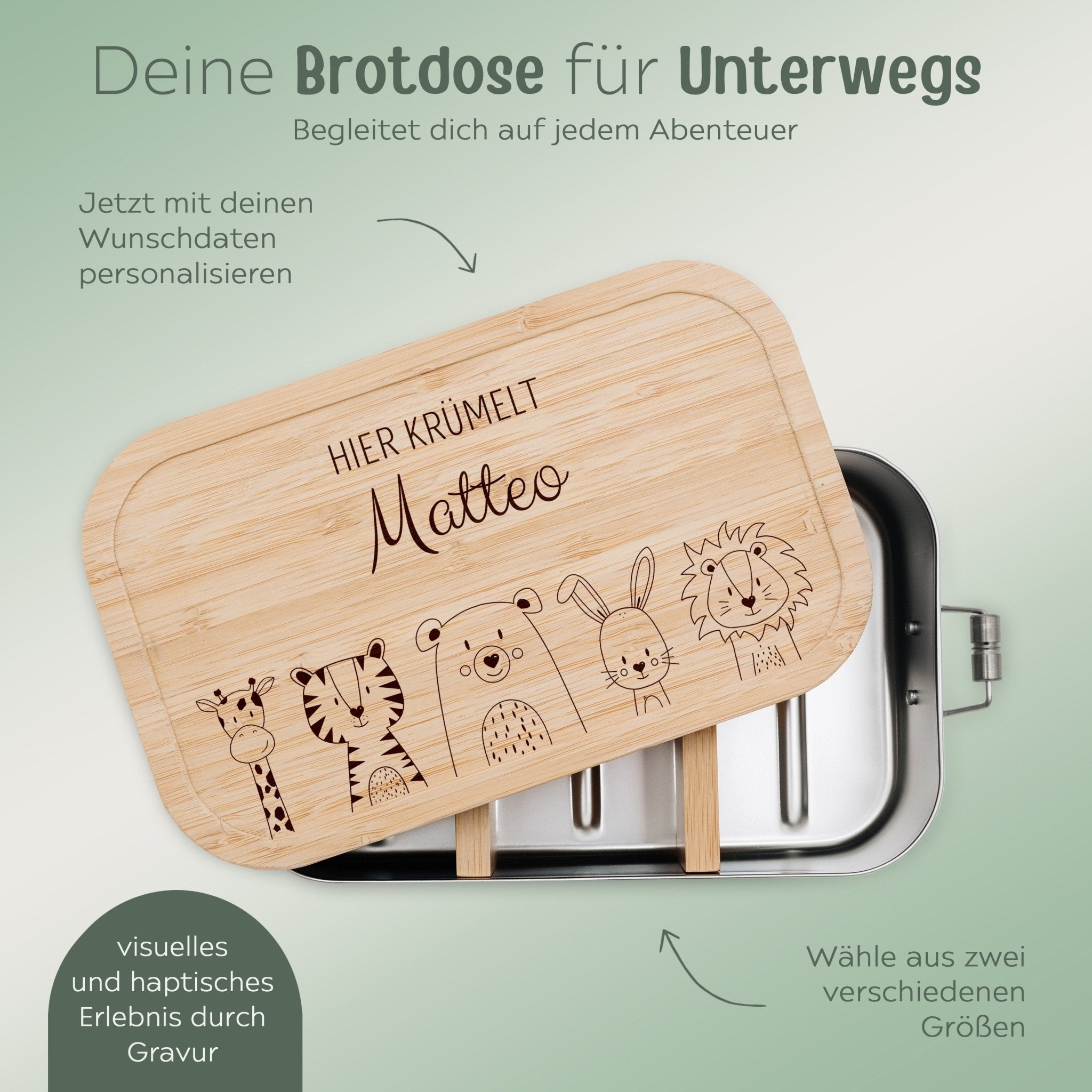 Brotdose Edelstahl personalisiert - Tiere unten Gravur - wunderwunsch