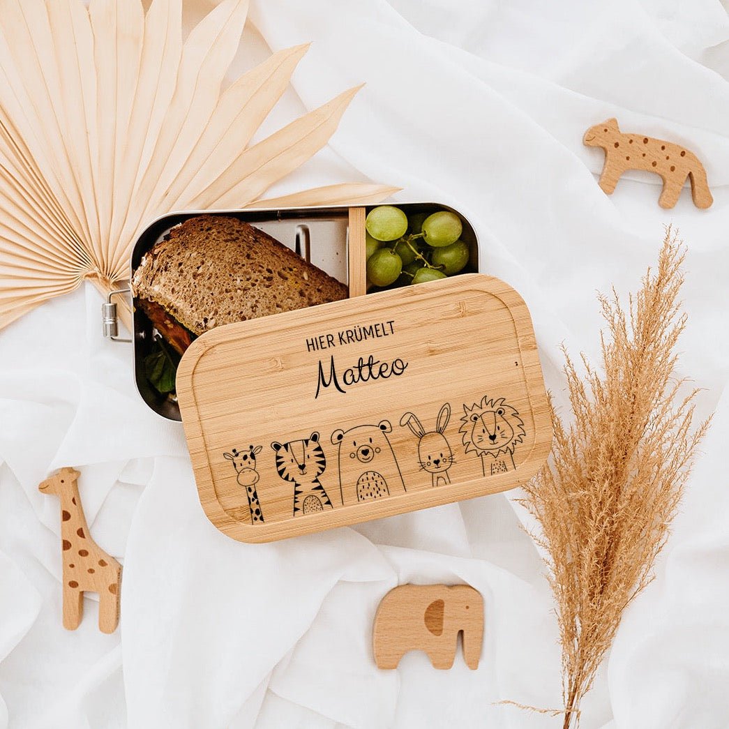 Brotdose Edelstahl personalisiert - Tiere unten Gravur - wunderwunsch