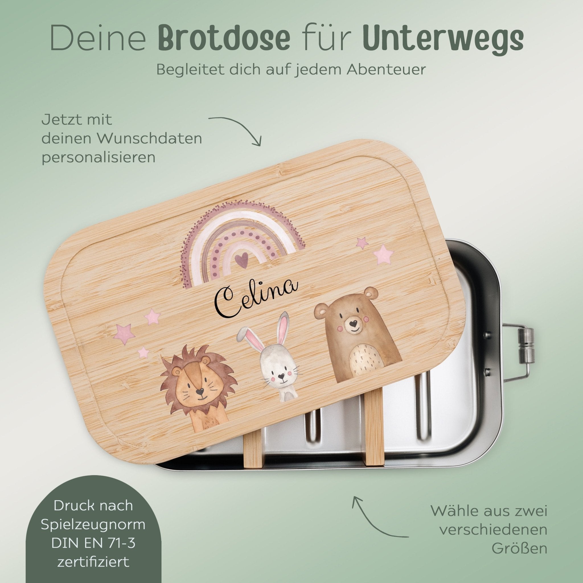 Brotdose Edelstahl personalisiert - Tiere unten Regenbogen Sterne Aquarell - wunderwunsch