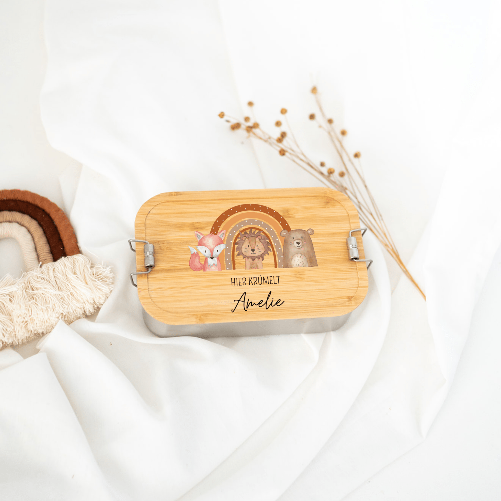 Brotdose Edelstahl personalisiert - Tiere vor Regenbogen braun Aquarell - wunderwunsch