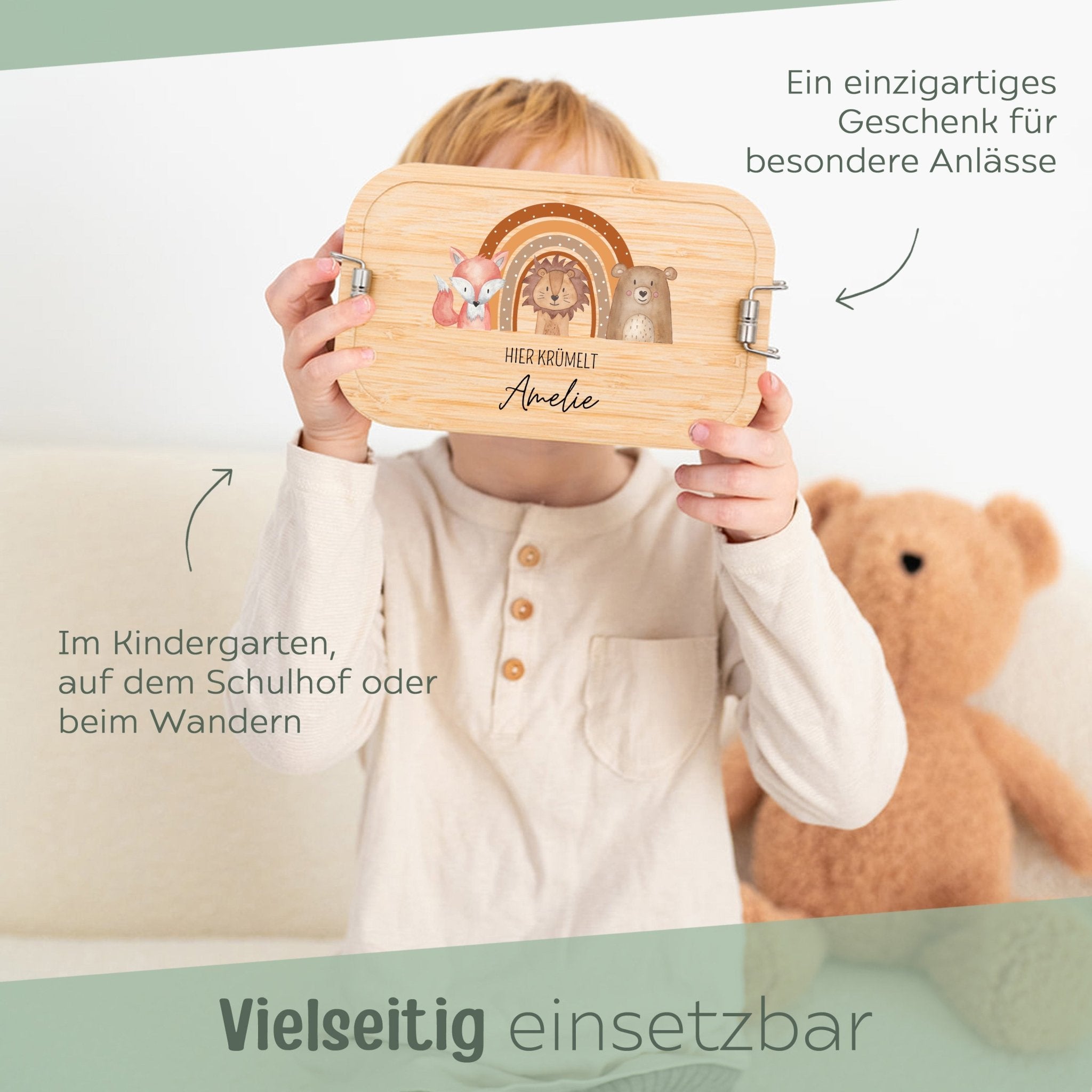 Brotdose Edelstahl personalisiert - Tiere vor Regenbogen braun Aquarell - wunderwunsch