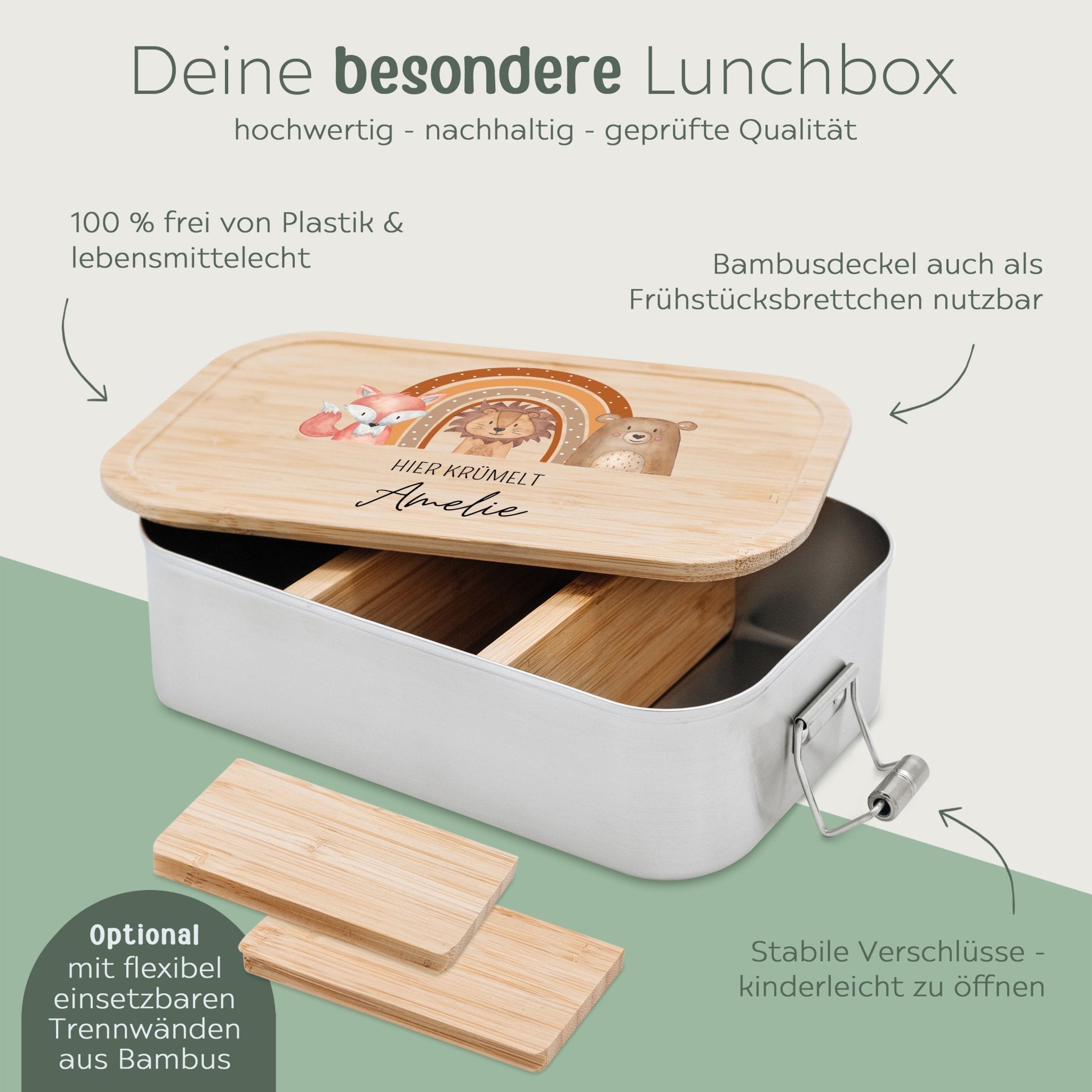 Brotdose Edelstahl personalisiert - Tiere vor Regenbogen braun Aquarell - wunderwunsch