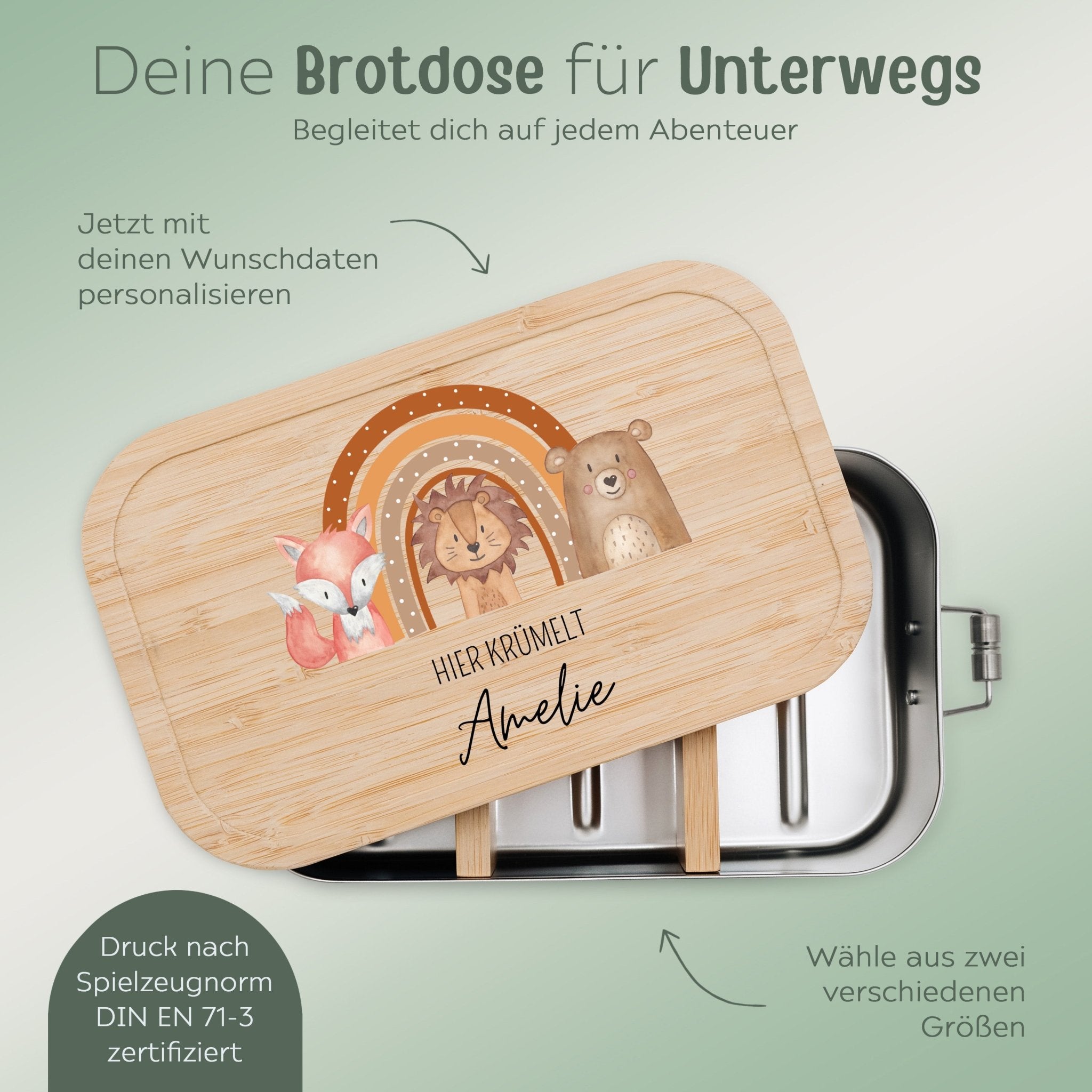 Brotdose Edelstahl personalisiert - Tiere vor Regenbogen braun Aquarell - wunderwunsch