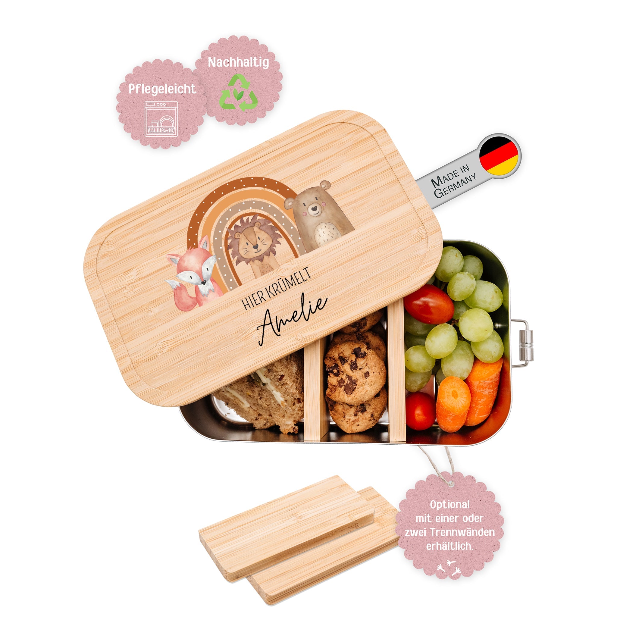 Brotdose Edelstahl personalisiert - Tiere vor Regenbogen braun Aquarell - wunderwunsch