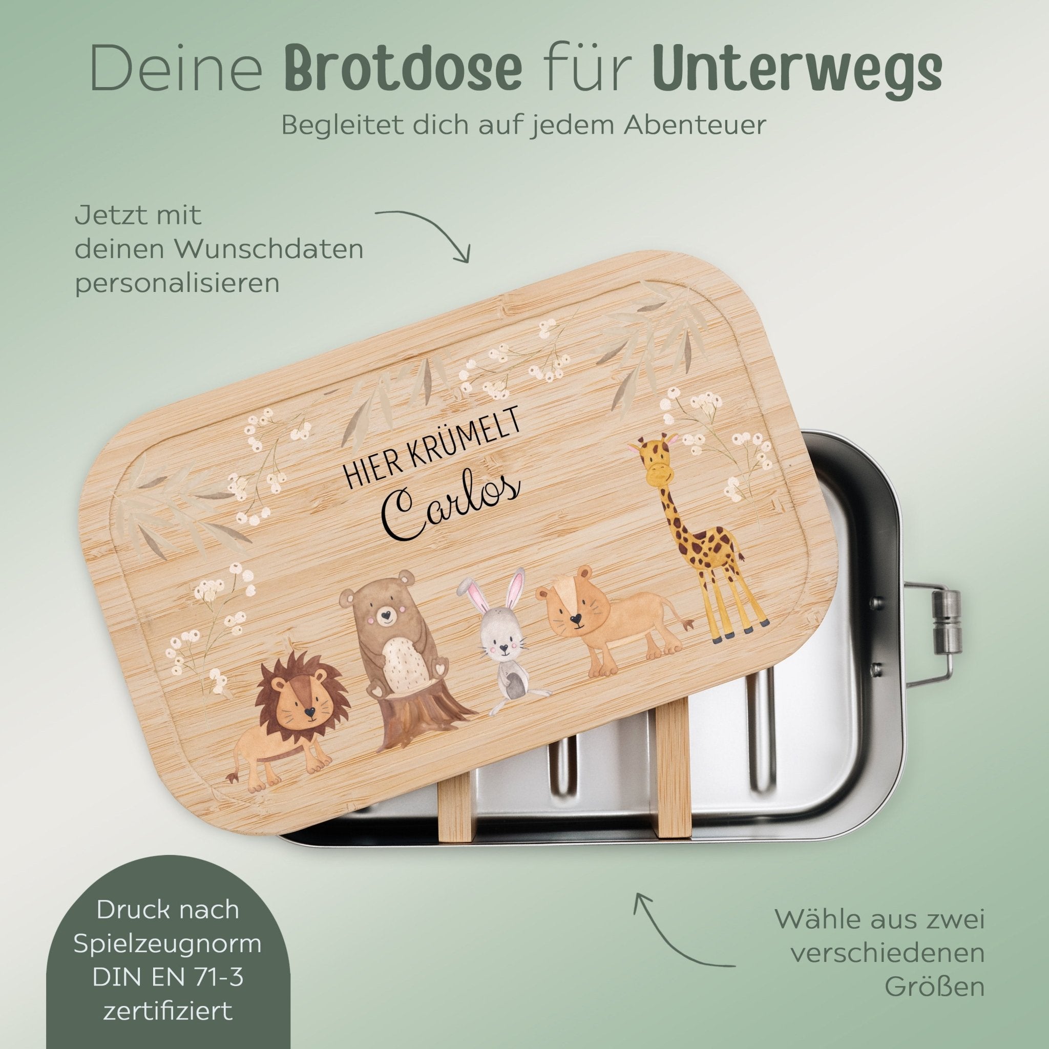 Brotdose Edelstahl personalisiert - Tiere Zweige beige Aquarell - wunderwunsch