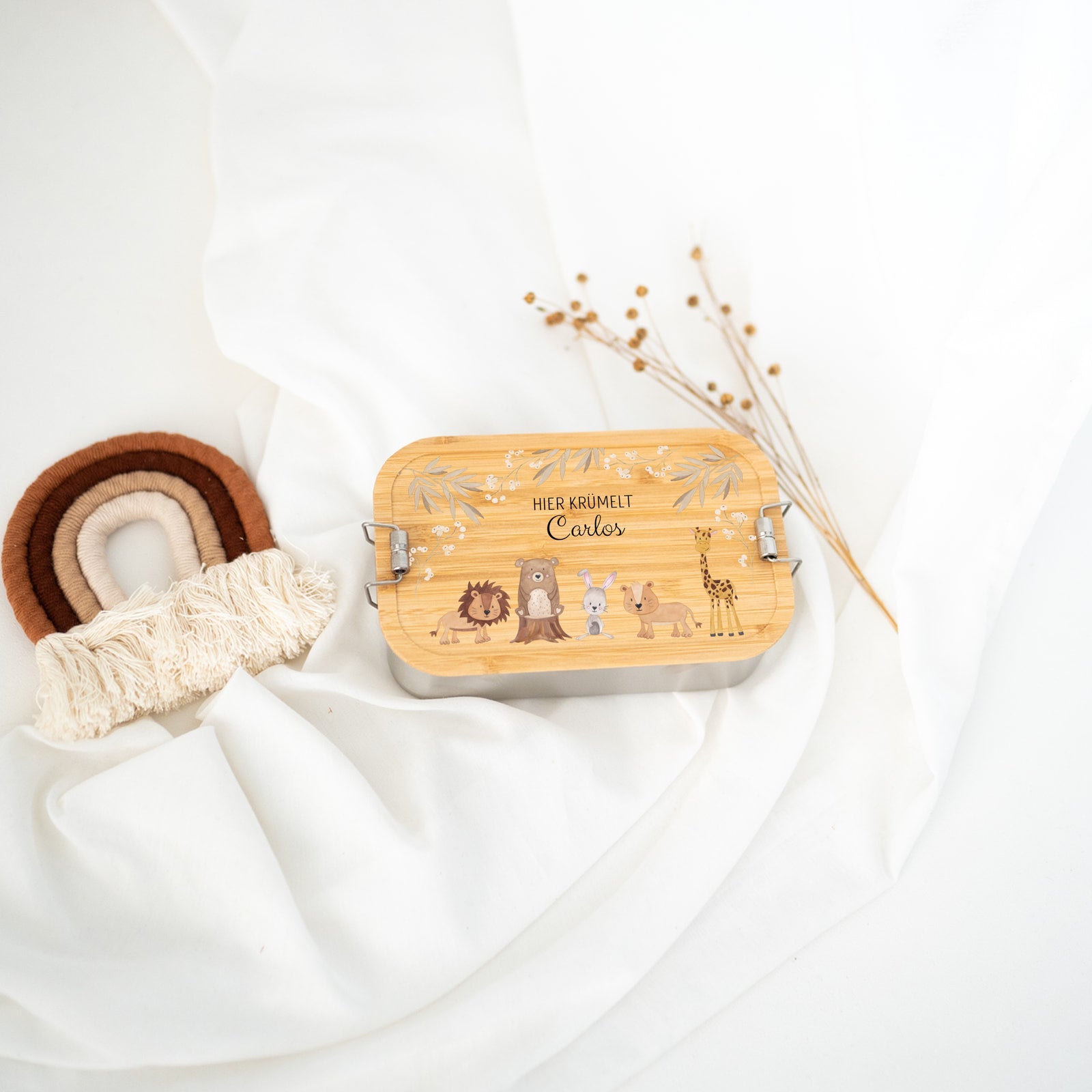 Brotdose Edelstahl personalisiert - Tiere Zweige beige Aquarell - wunderwunsch