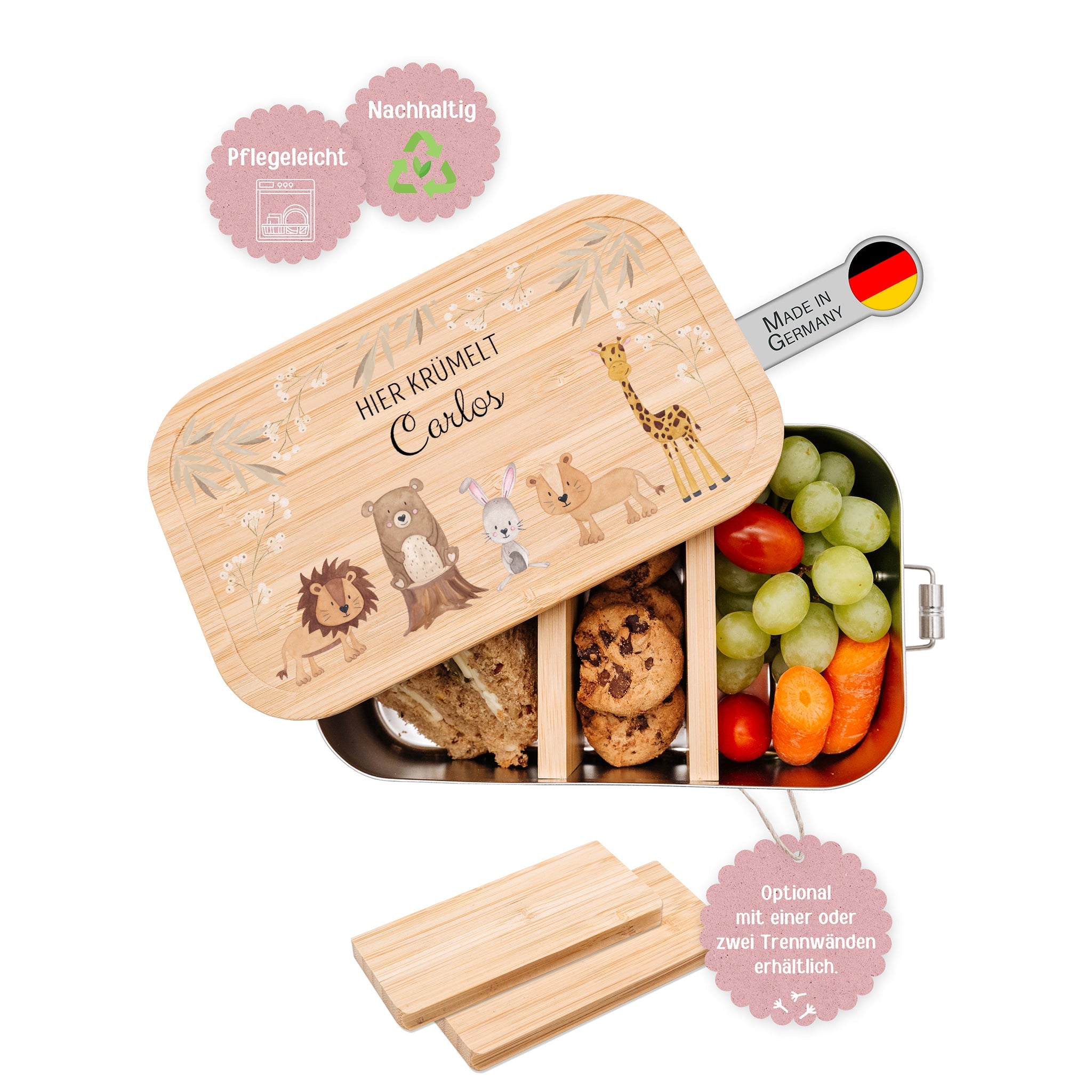 Brotdose Edelstahl personalisiert - Tiere Zweige beige Aquarell - wunderwunsch