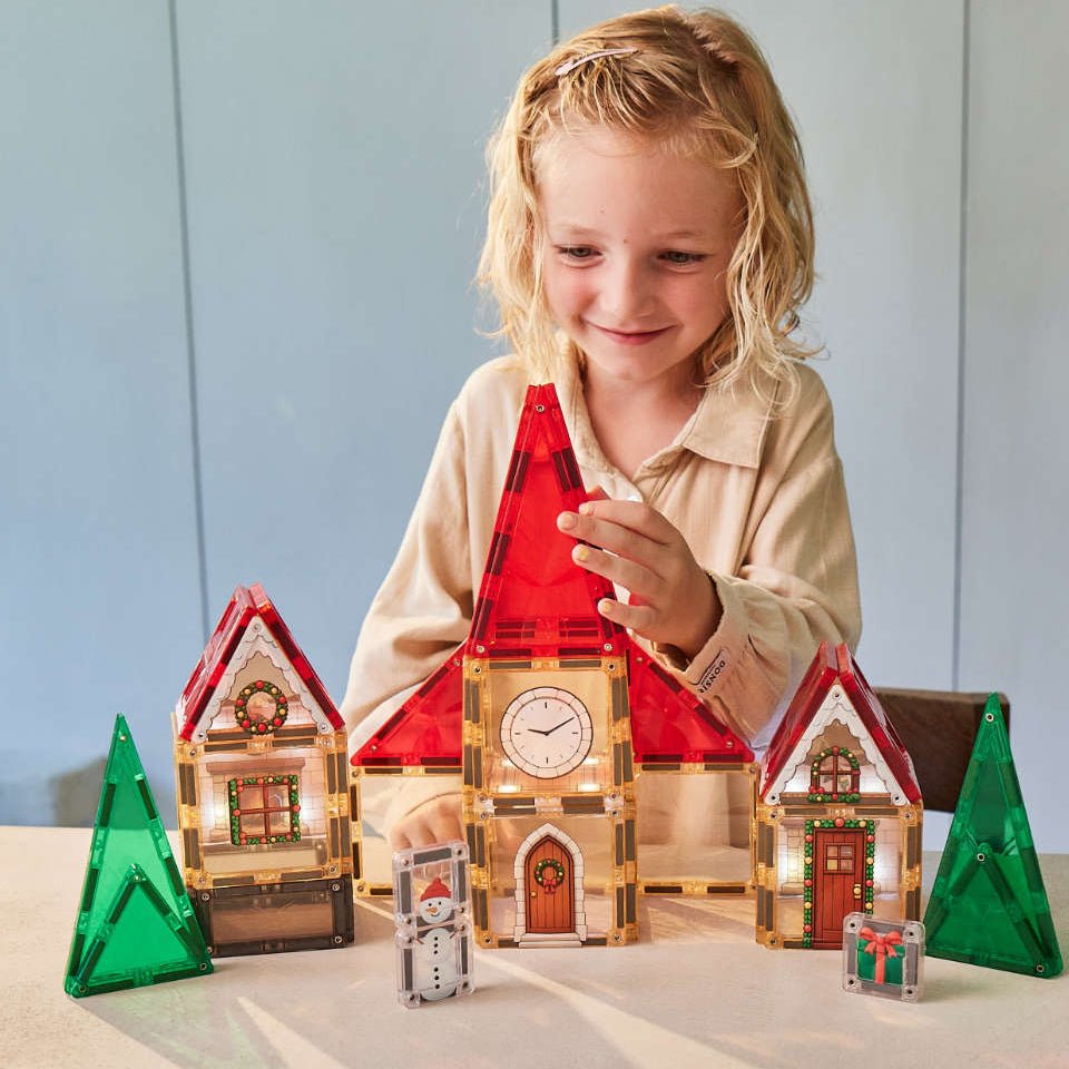 CLEVERCLIXX Adventskalender Weihnachtsdorf Magnetbausteine mit Licht, 46 Teile - wunderwunsch