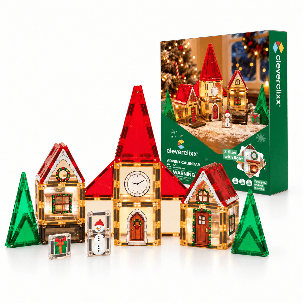 CLEVERCLIXX Adventskalender Weihnachtsdorf Magnetbausteine mit Licht, 46 Teile - wunderwunsch