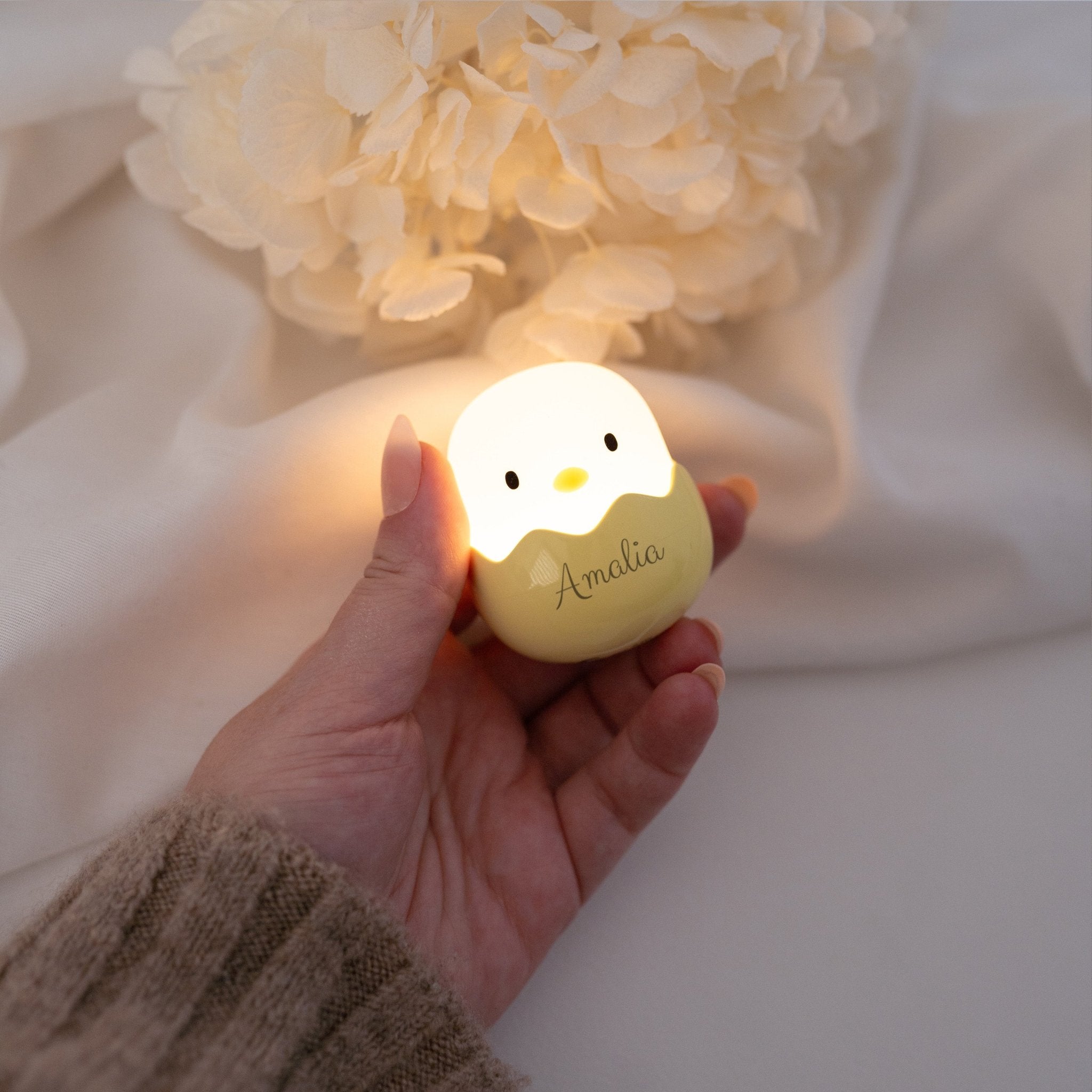 EGGY EGG Baby Küken Nachtlicht personalisiert - blau, gelb oder grün - wunderwunsch