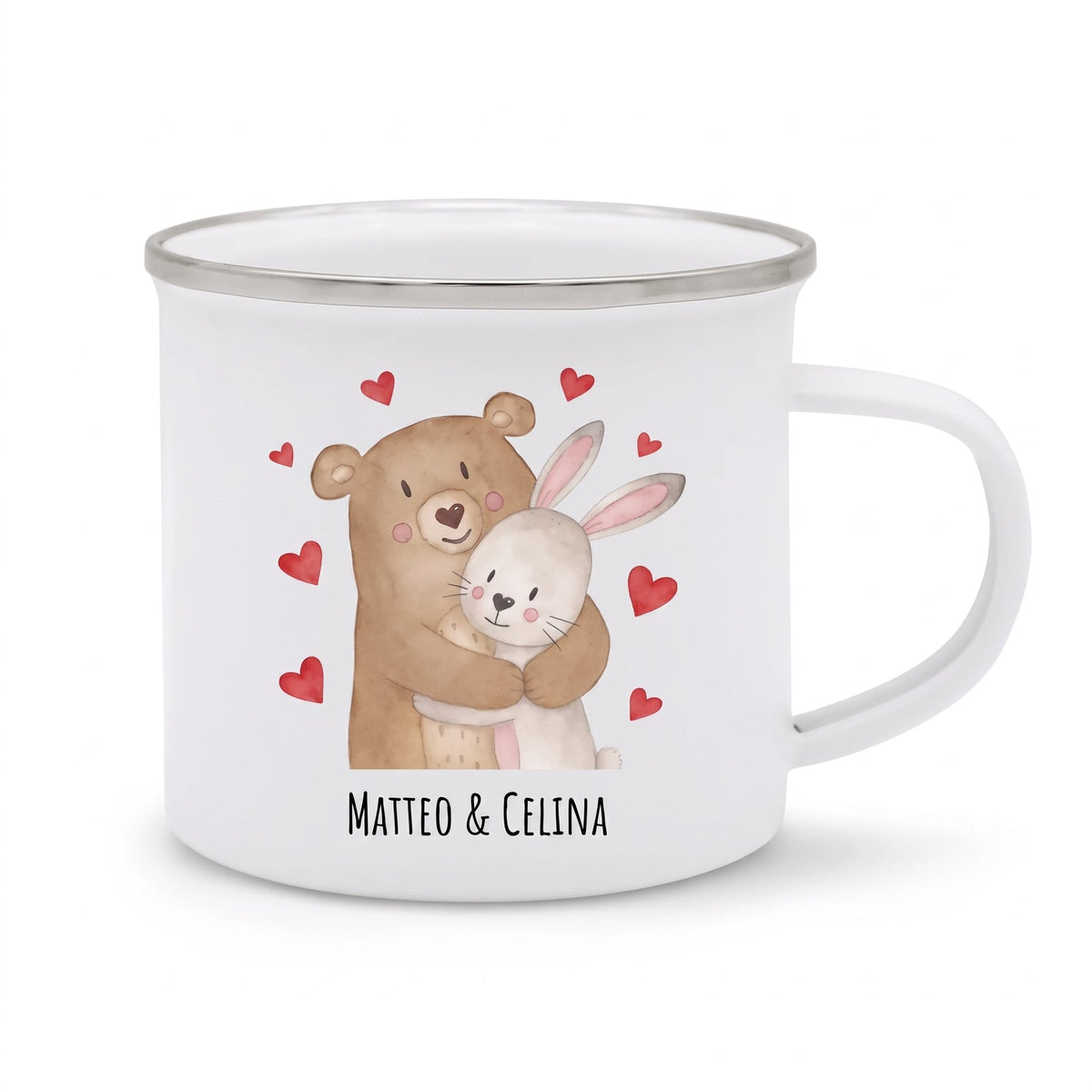 Emaille Kindertasse personalisiert - Bär umarmt Hase - wunderwunsch